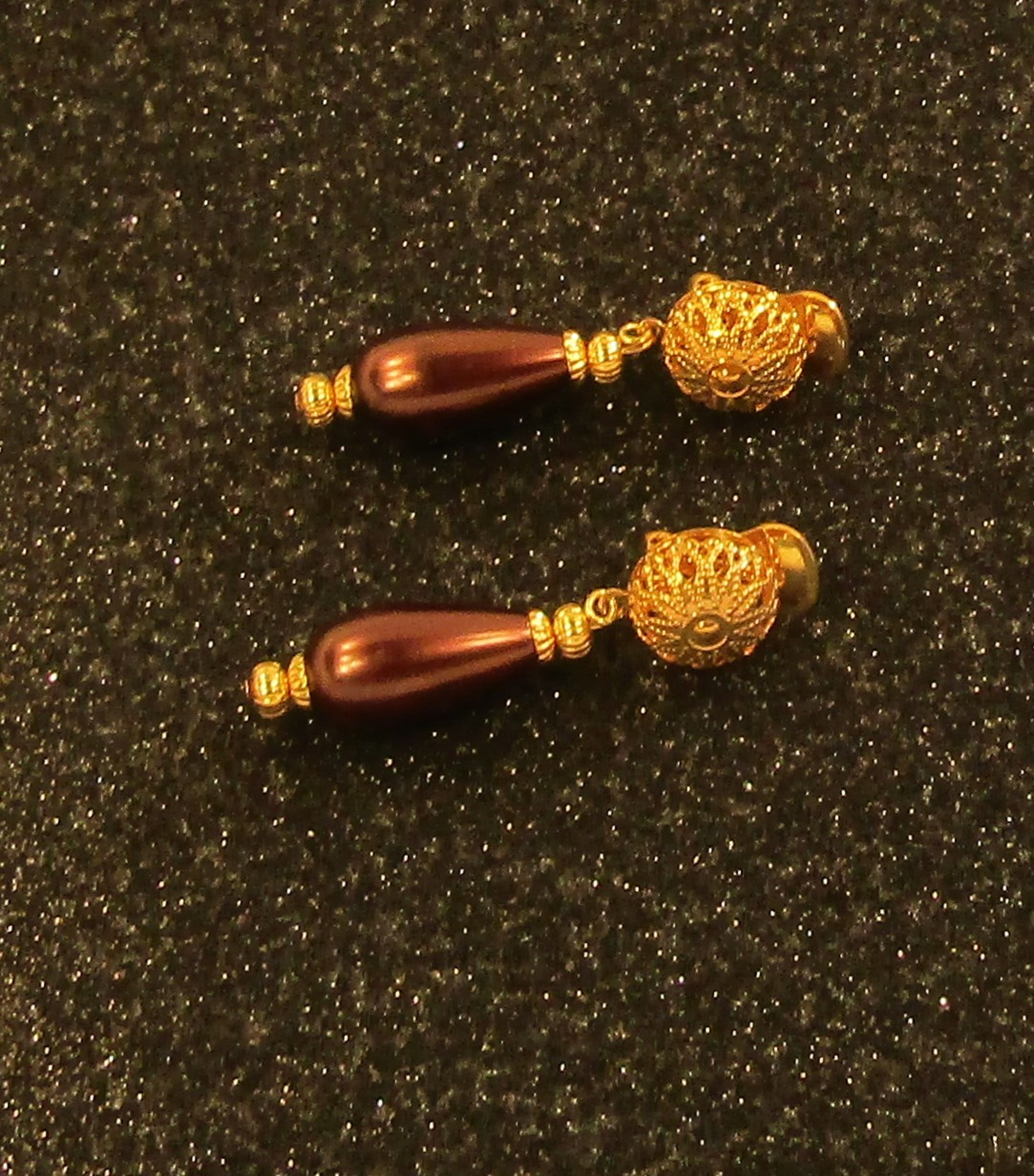 Burgundy Teardrop and Gold Filigree Clip-on Earrings