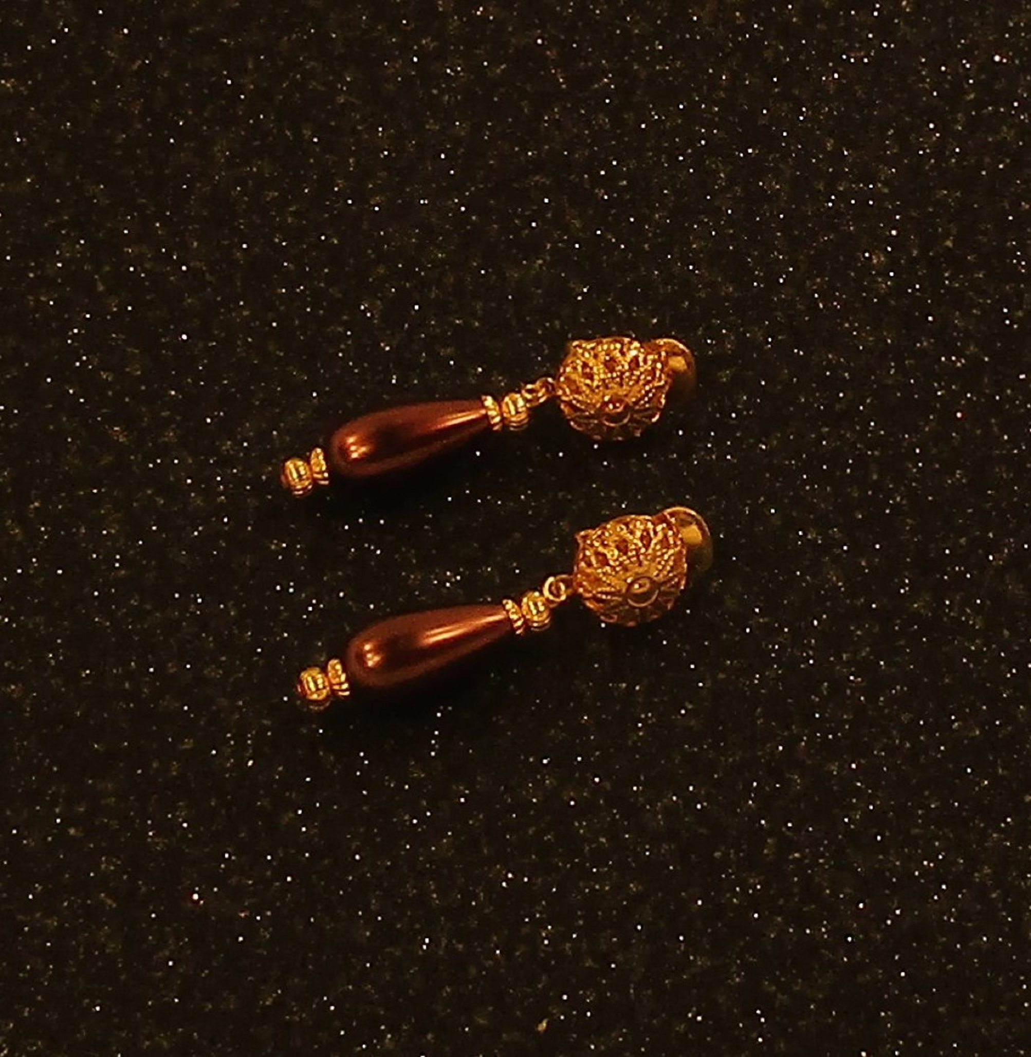 Burgundy Teardrop and Gold Filigree Clip-on Earrings