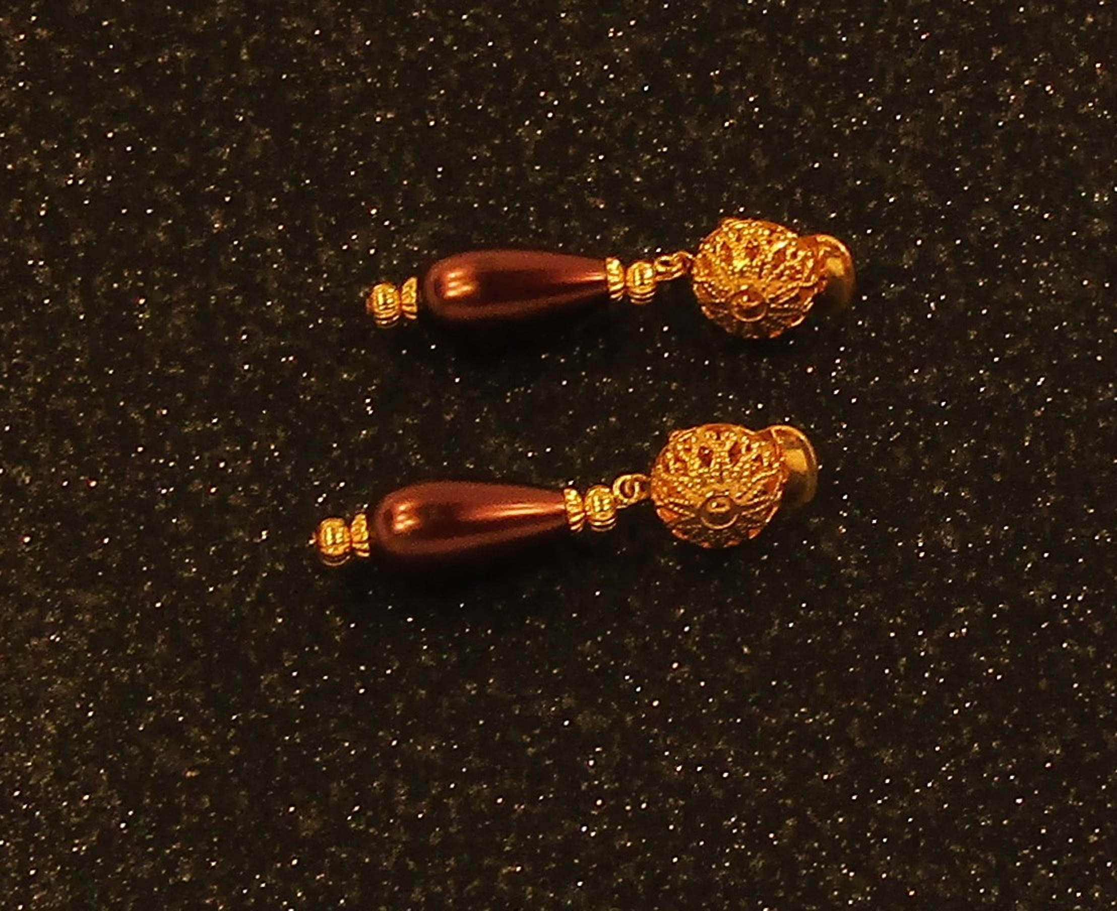 Burgundy Teardrop and Gold Filigree Clip-on Earrings