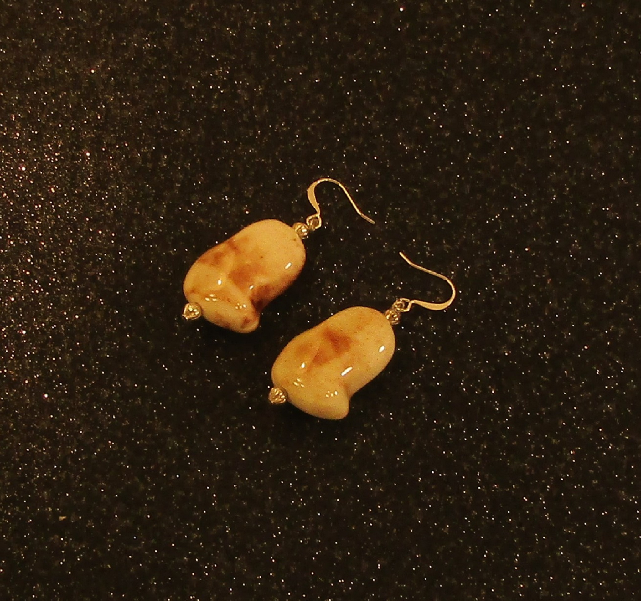 Cream Swirled Brown Puffed Porcelain and Silver Earrings