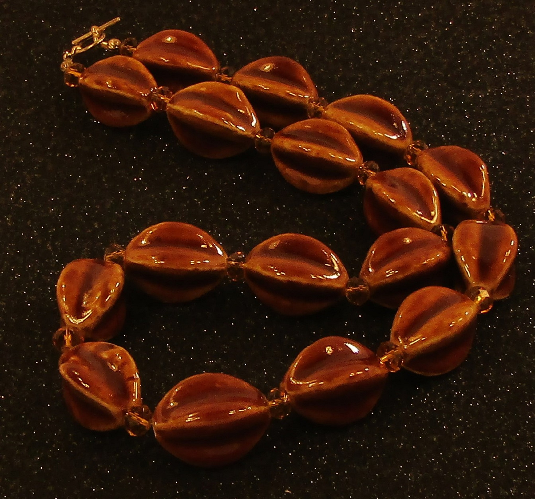 Large Fancy Dark Honey Porcelain Ovals and Brown Faceted Crystal Necklace