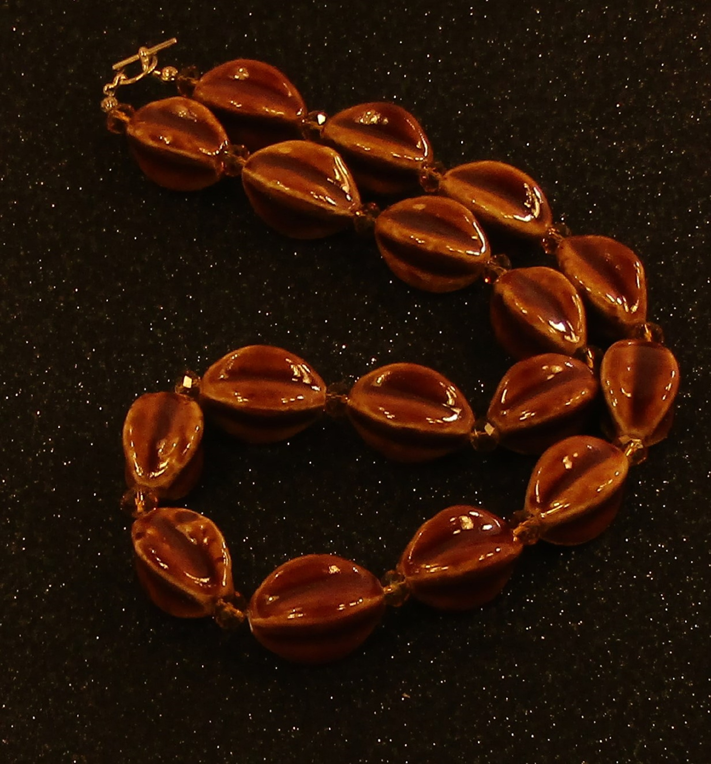 Large Fancy Dark Honey Porcelain Ovals and Brown Faceted Crystal Necklace
