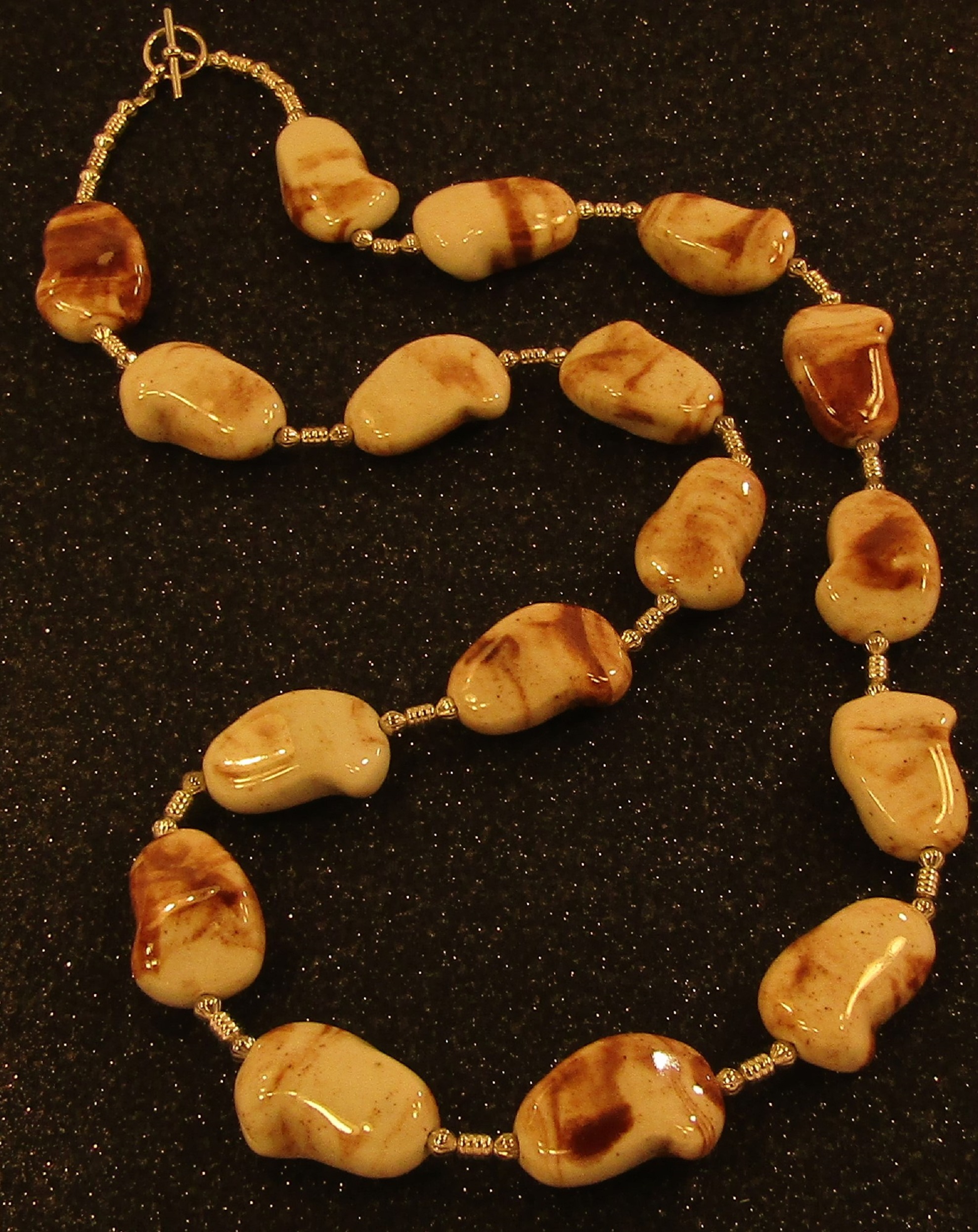 Creamy Brown Swirls Puffed Porcelain and Silver Necklace