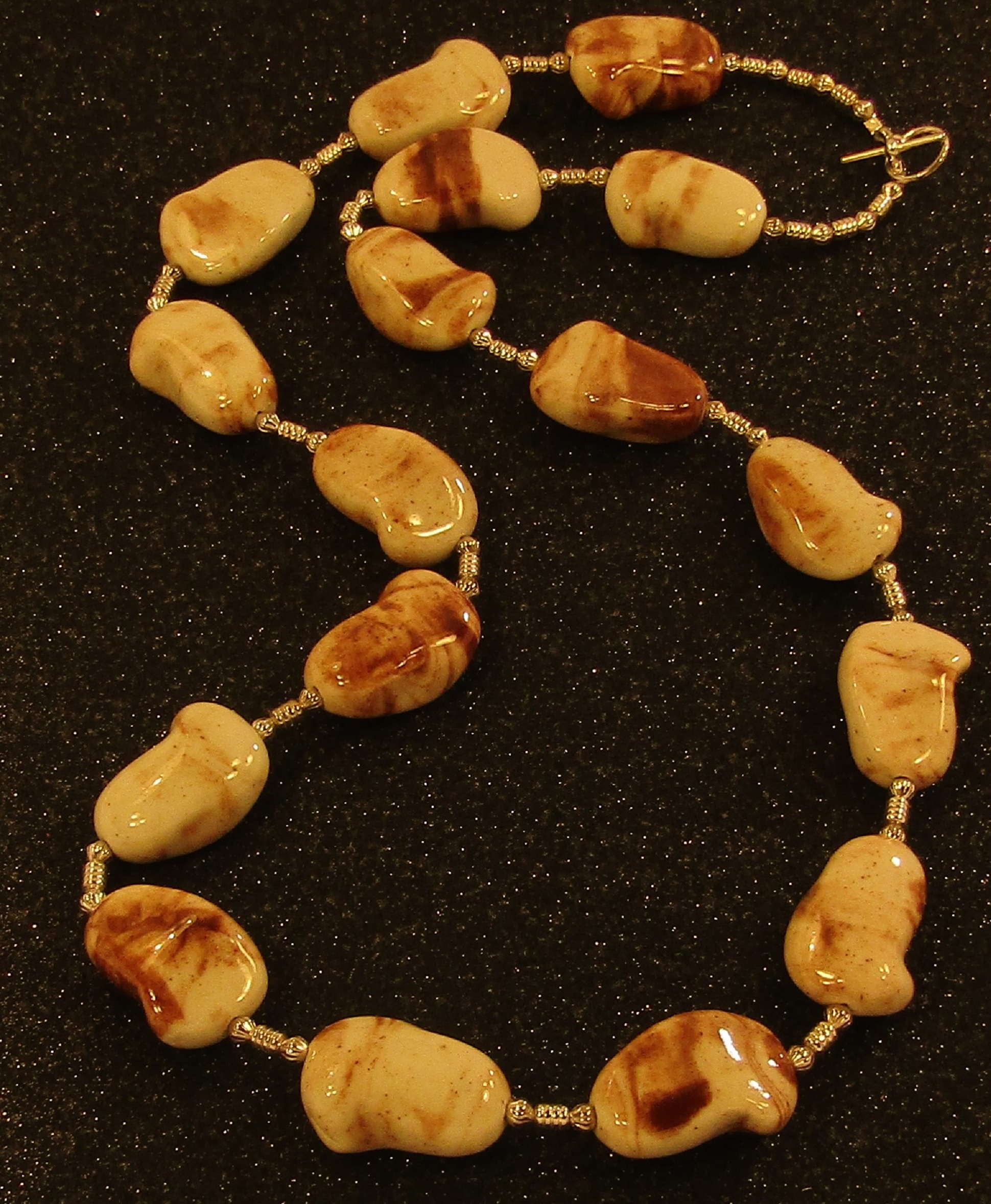 Creamy Brown Swirls Puffed Porcelain and Silver Necklace