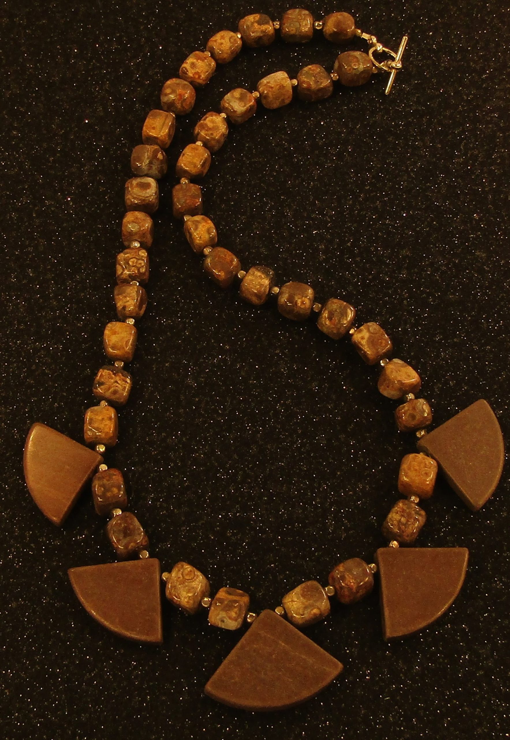 Bronzite Stone and Red Brown Marble Fans and Silver Necklace