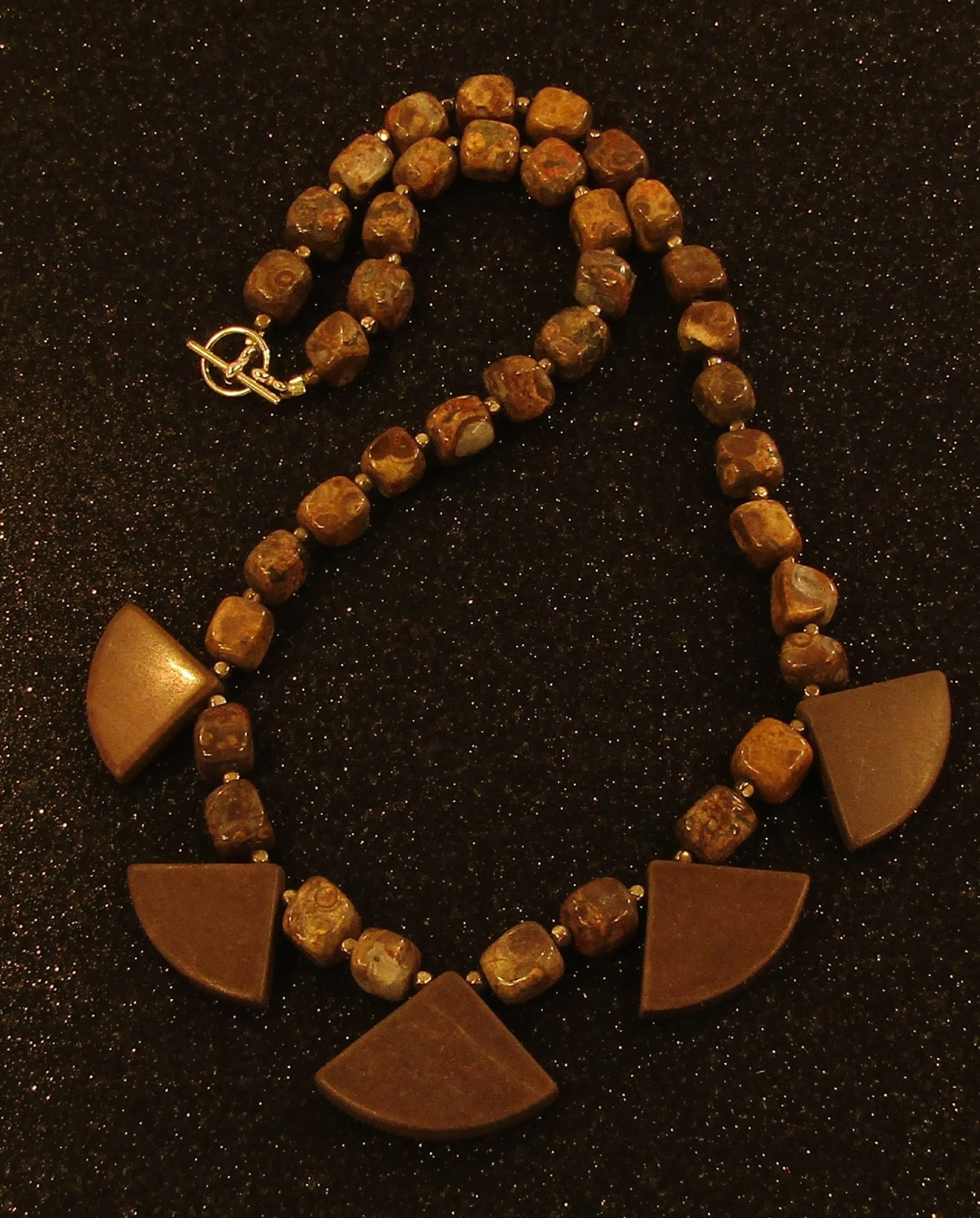 Bronzite Stone and Red Brown Marble Fans and Silver Necklace