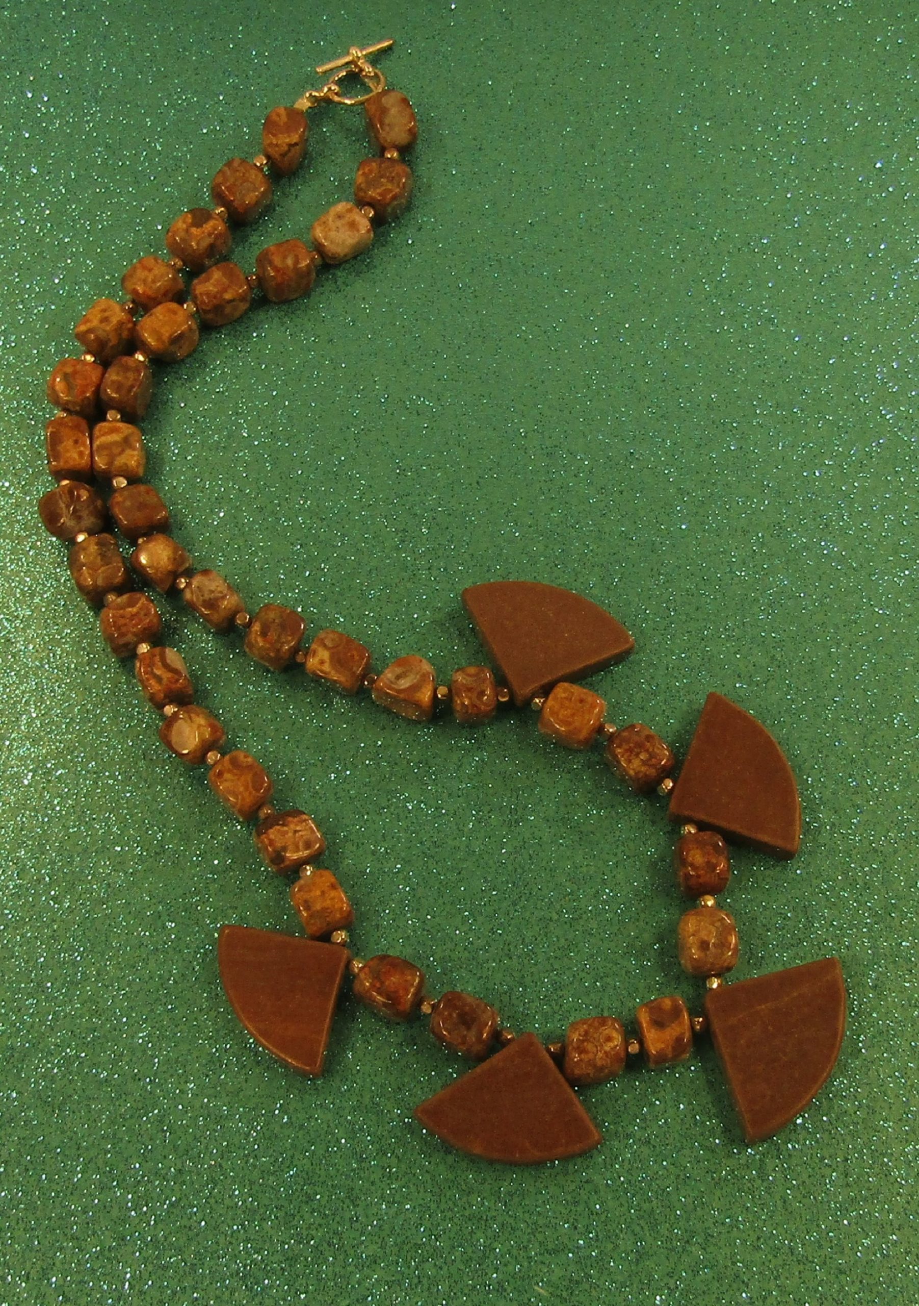 Bronzite Stone and Red Brown Marble Fans and Silver Necklace