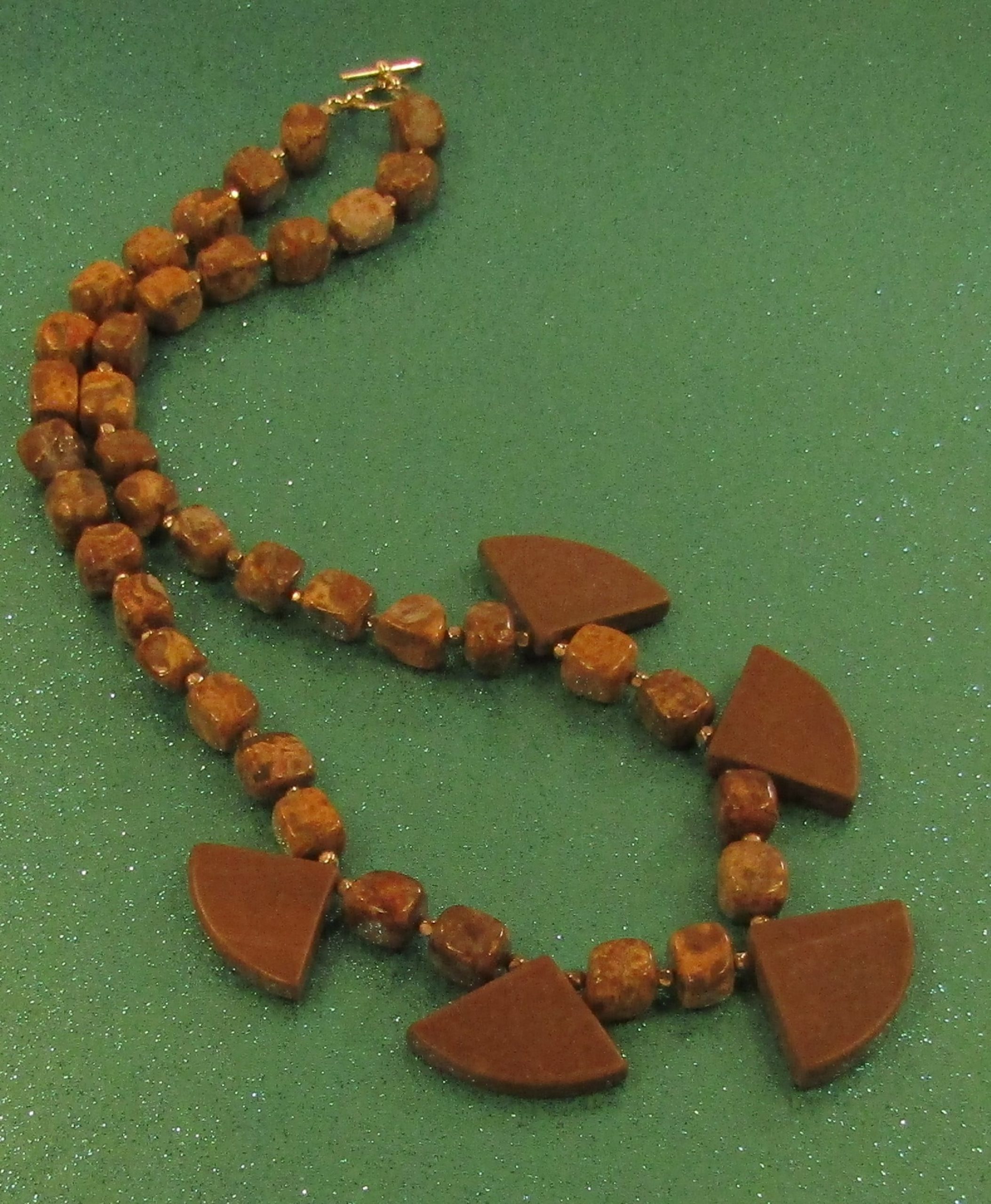Bronzite Stone and Red Brown Marble Fans and Silver Necklace