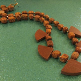 Bronzite nuggets and Red Brown Marble Fans and Silver bead Necklace