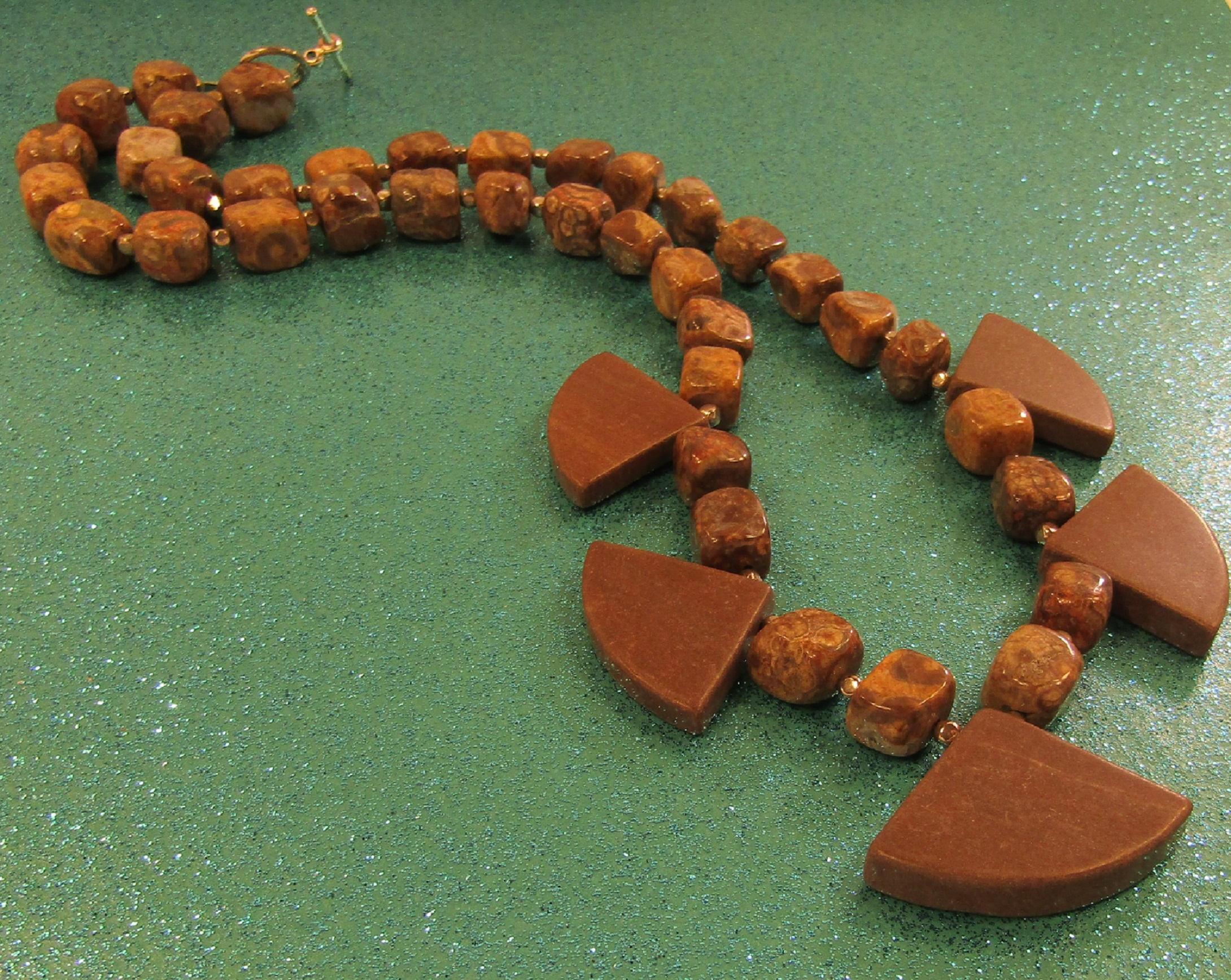 Bronzite nuggets and Red Brown Marble Fans and Silver bead Necklace