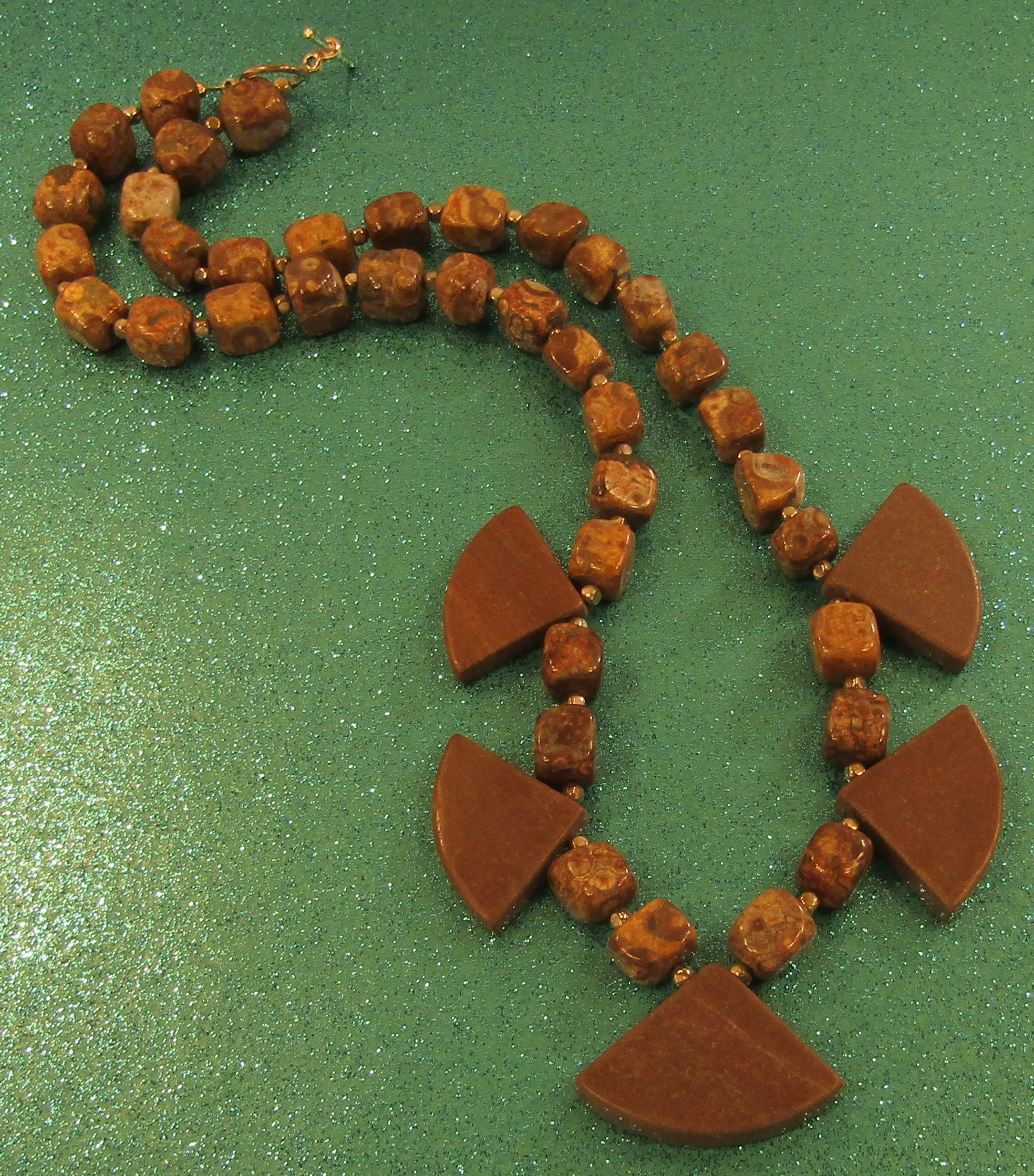 Bronzite Stone and Red Brown Marble Fans and Silver Necklace