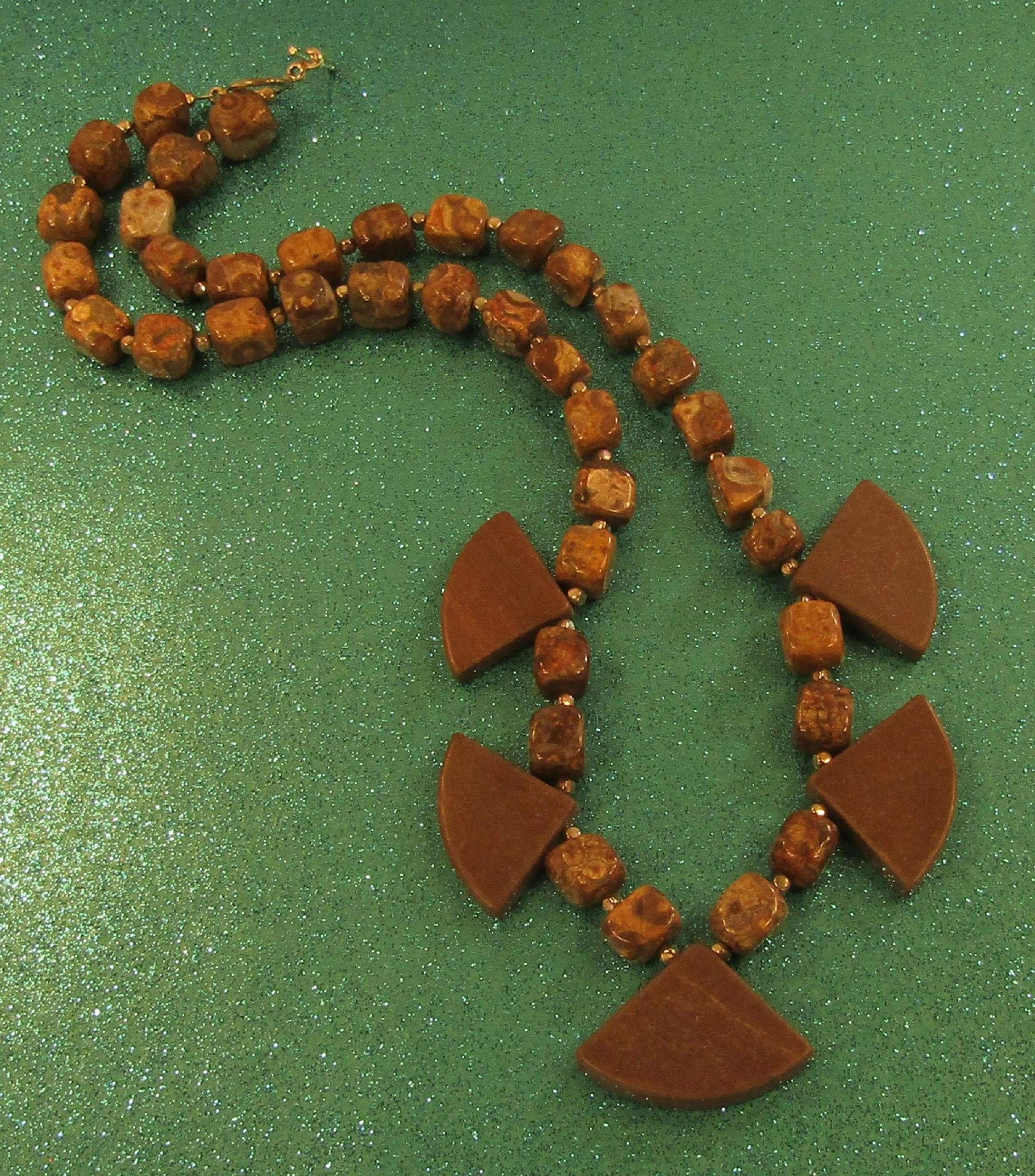 Bronzite Stone and Red Brown Marble Fans and Silver Necklace