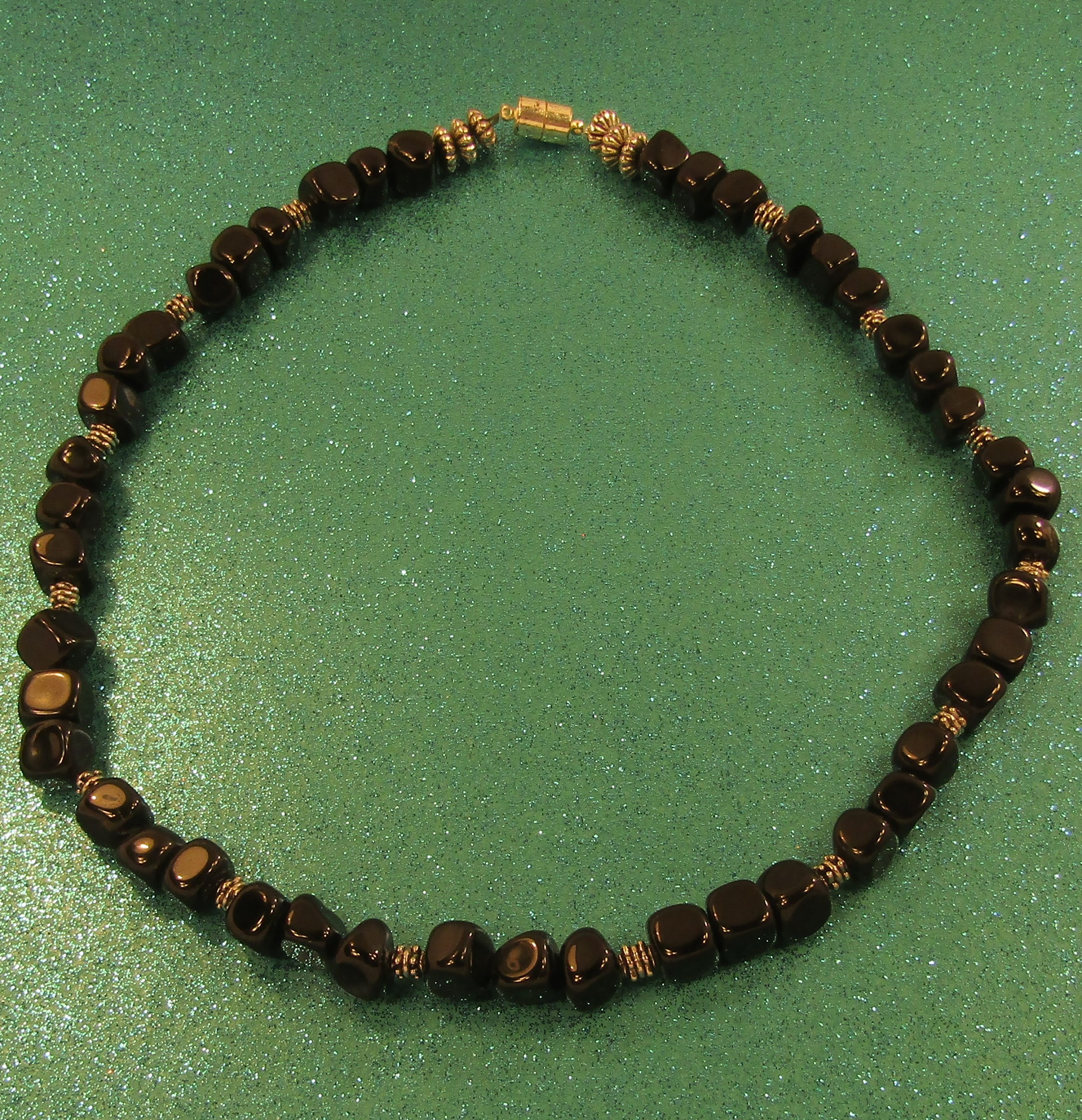 Blackstone nuggets and silver bead Necklace with Magnetic Clasp