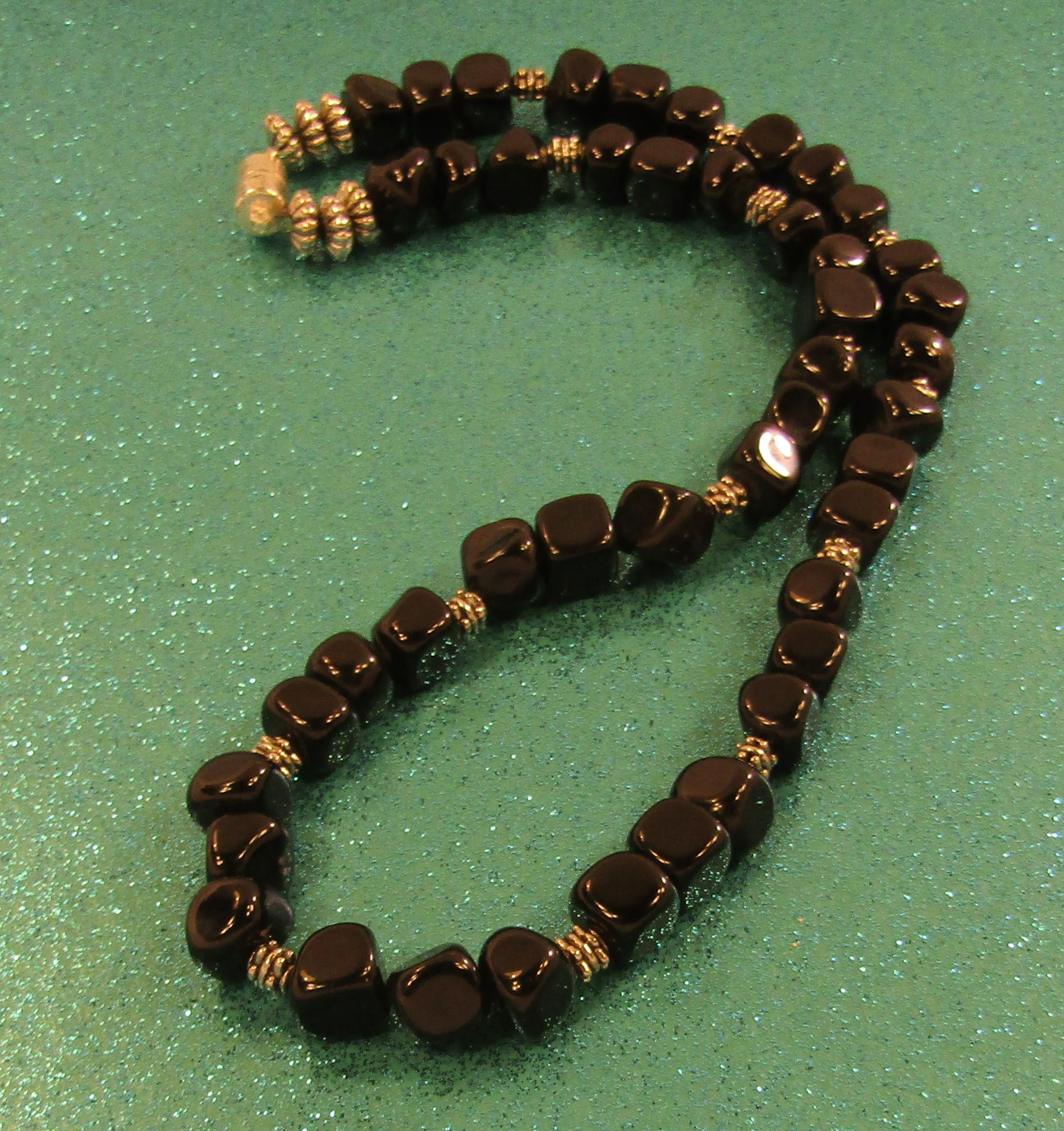 Blackstone nuggets and silver bead Necklace with Magnetic Clasp