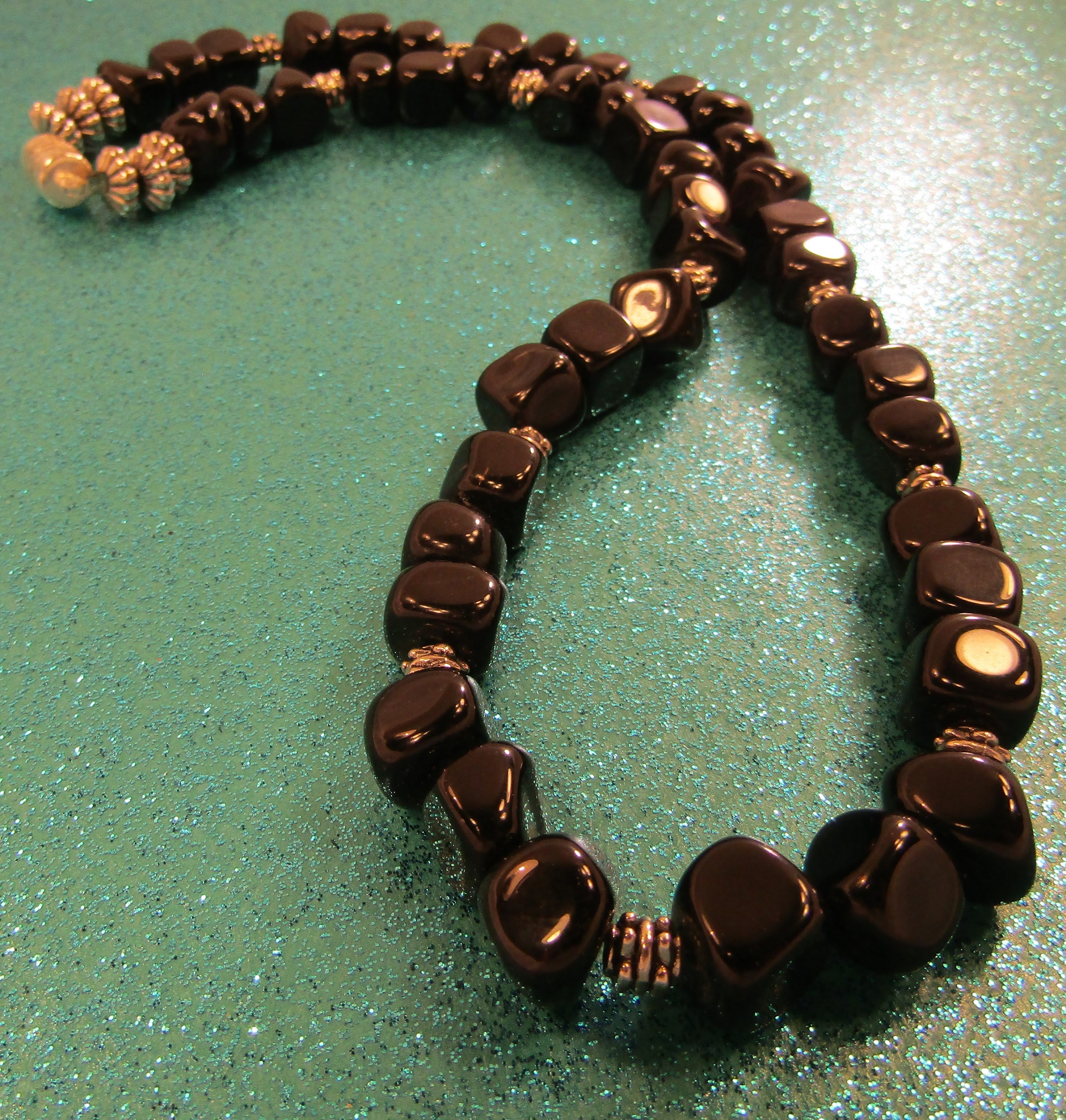 Blackstone nuggets and silver bead Necklace with Magnetic Clasp