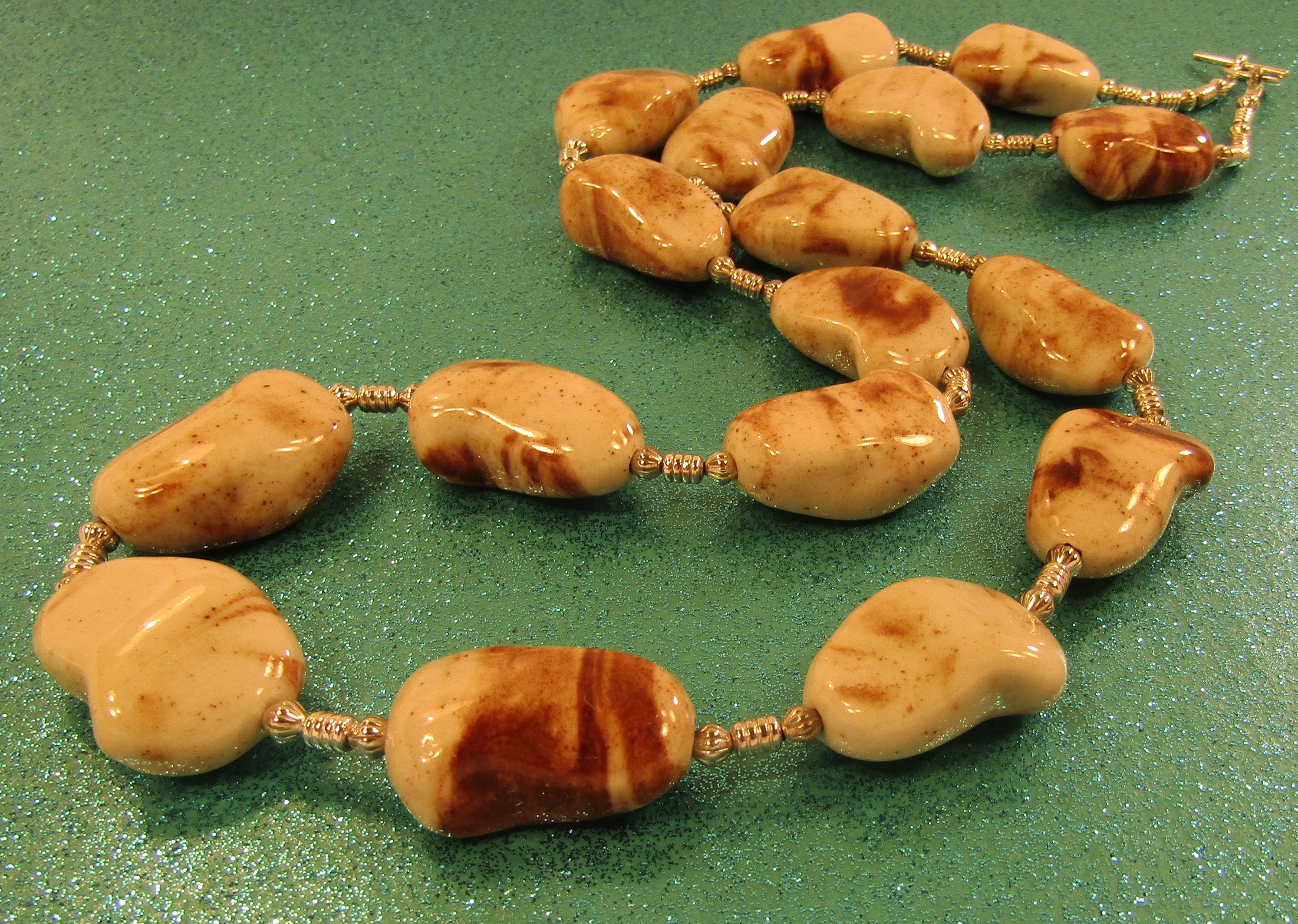 Creamy brown swirls porcelain and silver beads Necklace