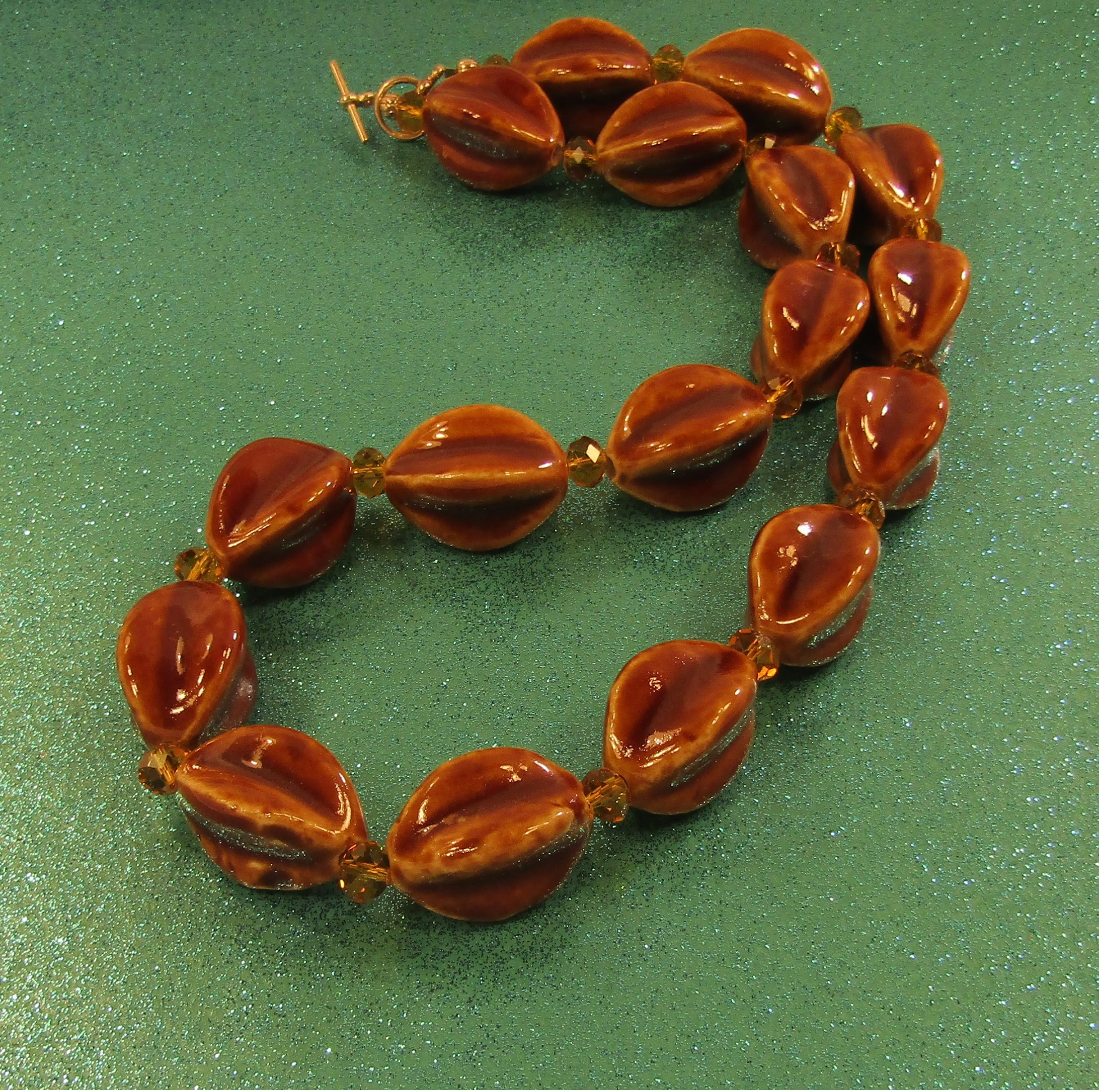 Large Fancy Dark Honey Porcelain Ovals and Brown Faceted Crystal Necklace
