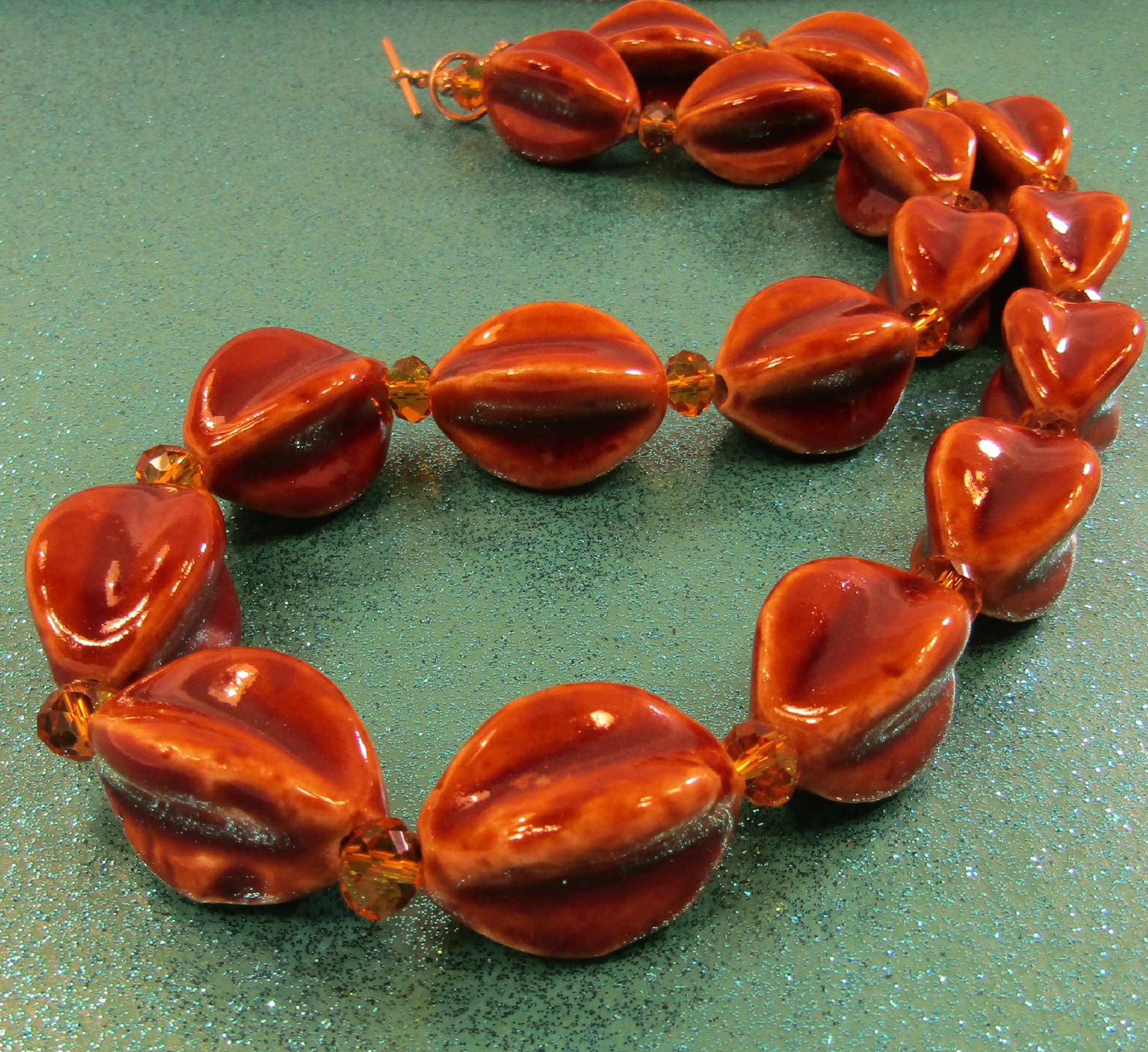 Large Fancy Dark Honey Porcelain Ovals and Brown Faceted Crystal Necklace
