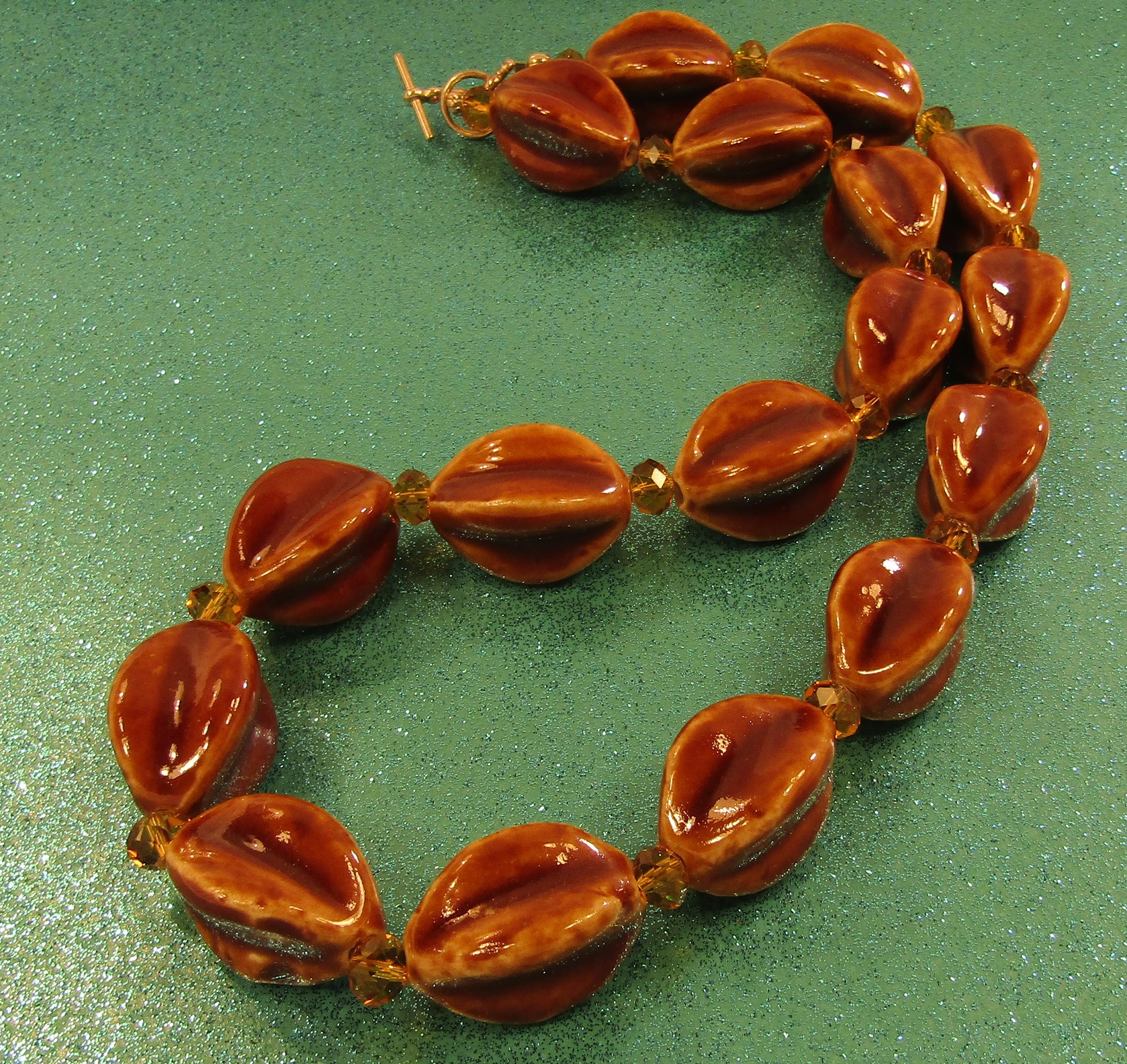 Large Fancy Dark Honey Porcelain Ovals and Brown Faceted Crystal Necklace