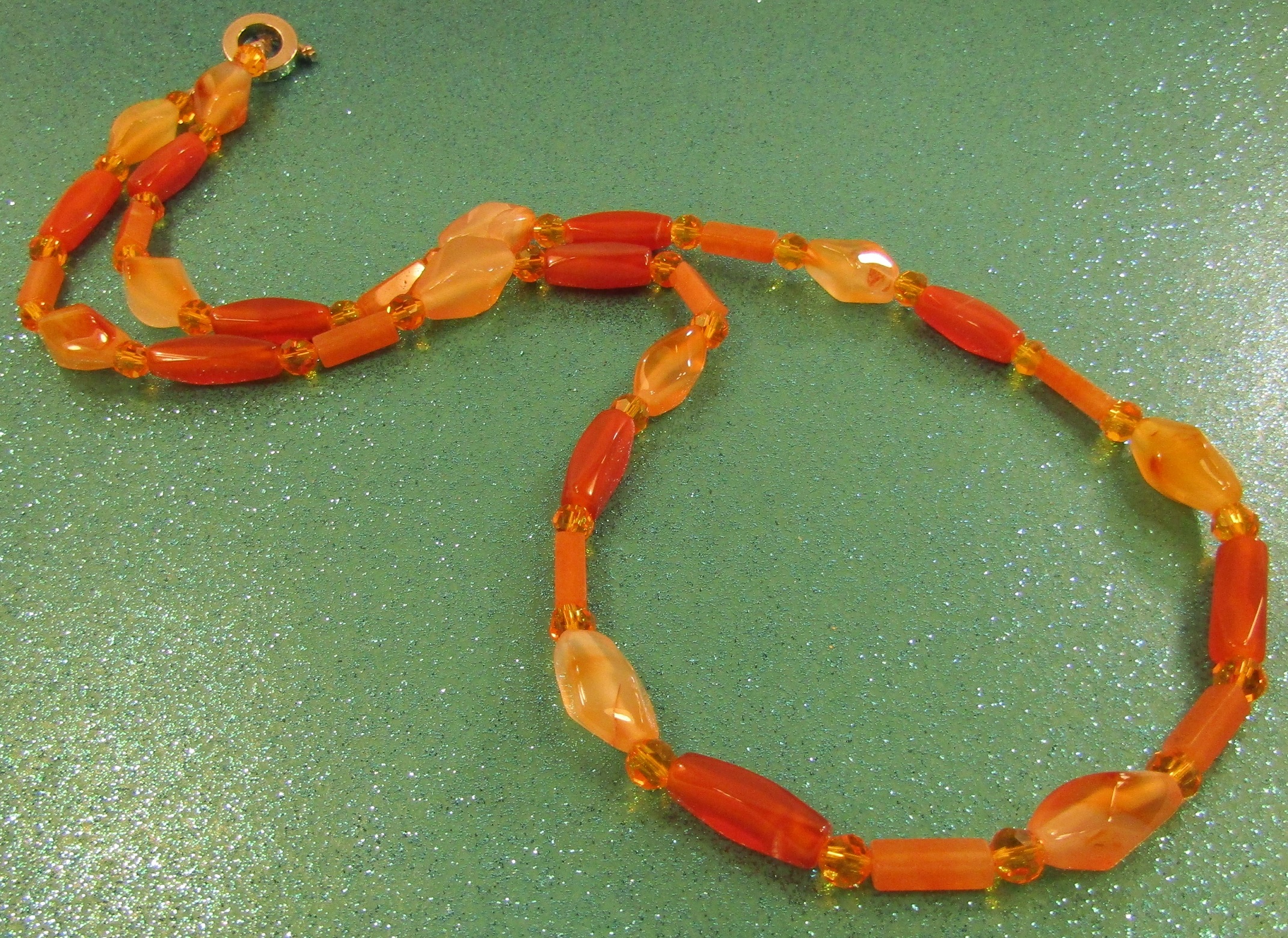 Red Aventurine and Carnelian Gemstone and Orange Faceted Crystal Necklace