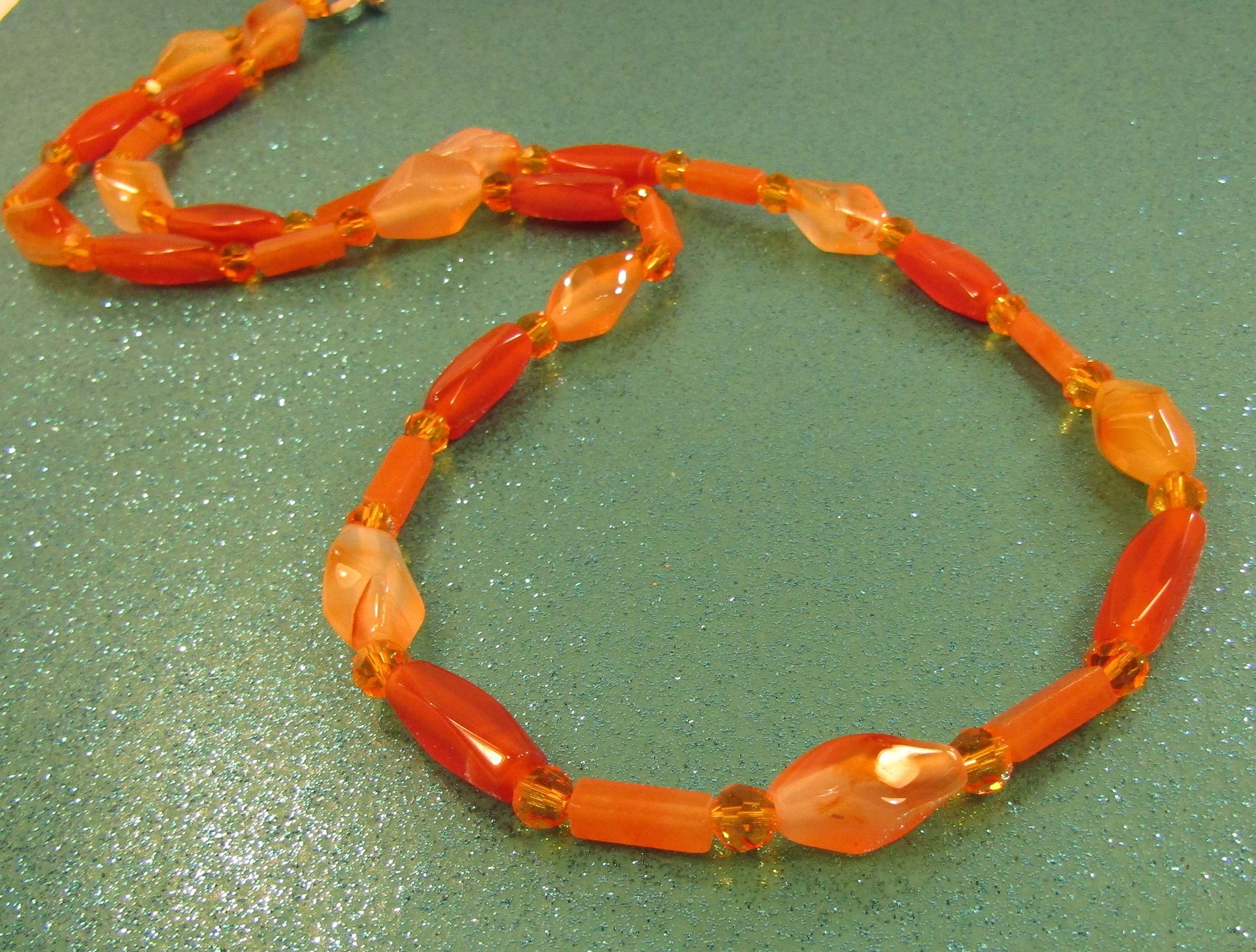 Red Aventurine and Carnelian Gemstone and Orange Faceted Crystal Necklace