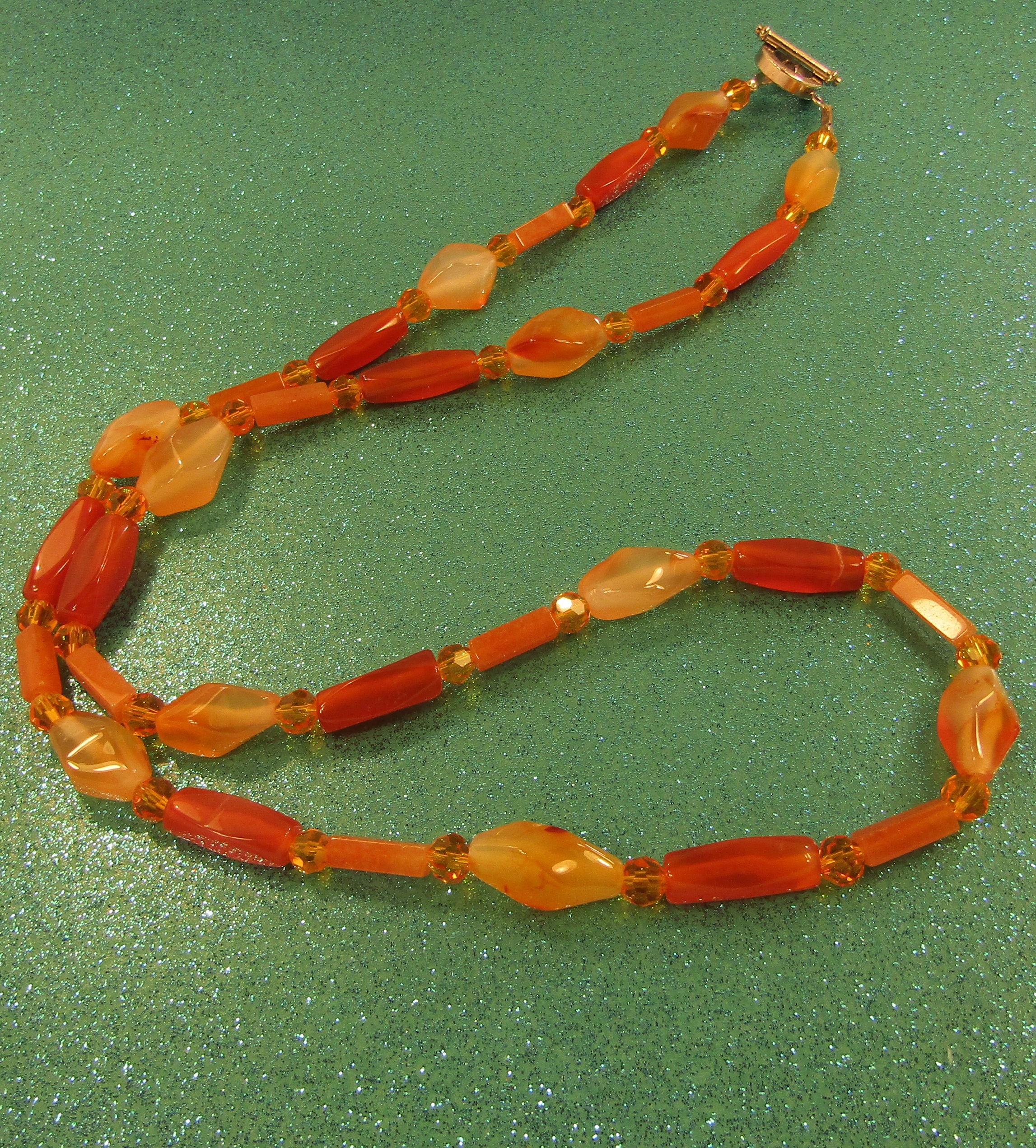 Red Aventurine and Carnelian Gemstone and Orange Faceted Crystal Necklace