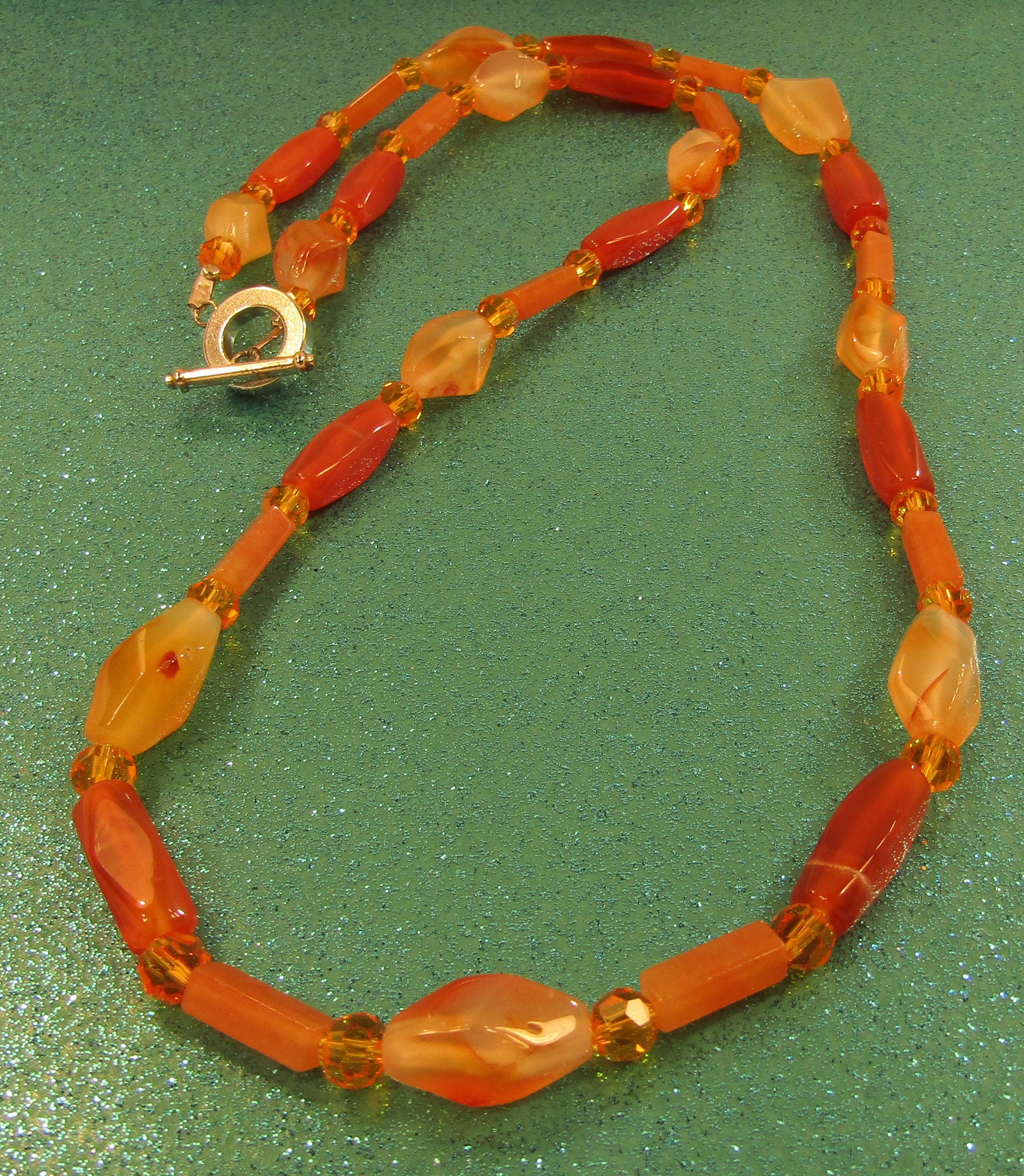 Red Aventurine and Carnelian Gemstone and Orange Faceted Crystal Necklace