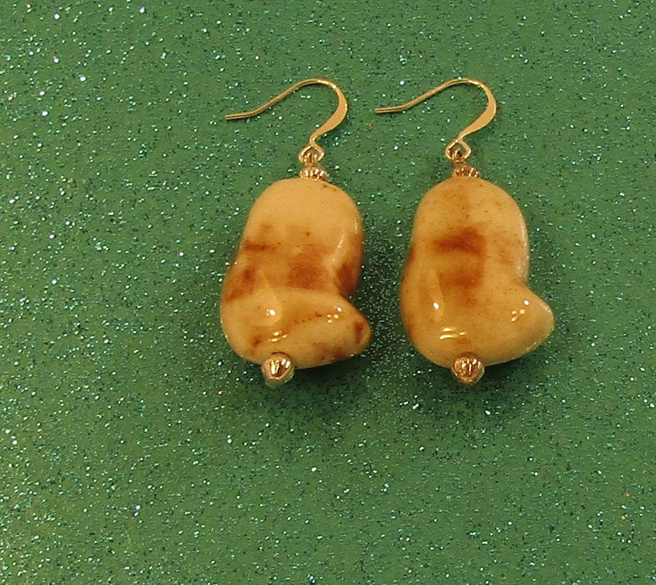 Cream Swirled Brown Puffed Porcelain and Silver Earrings