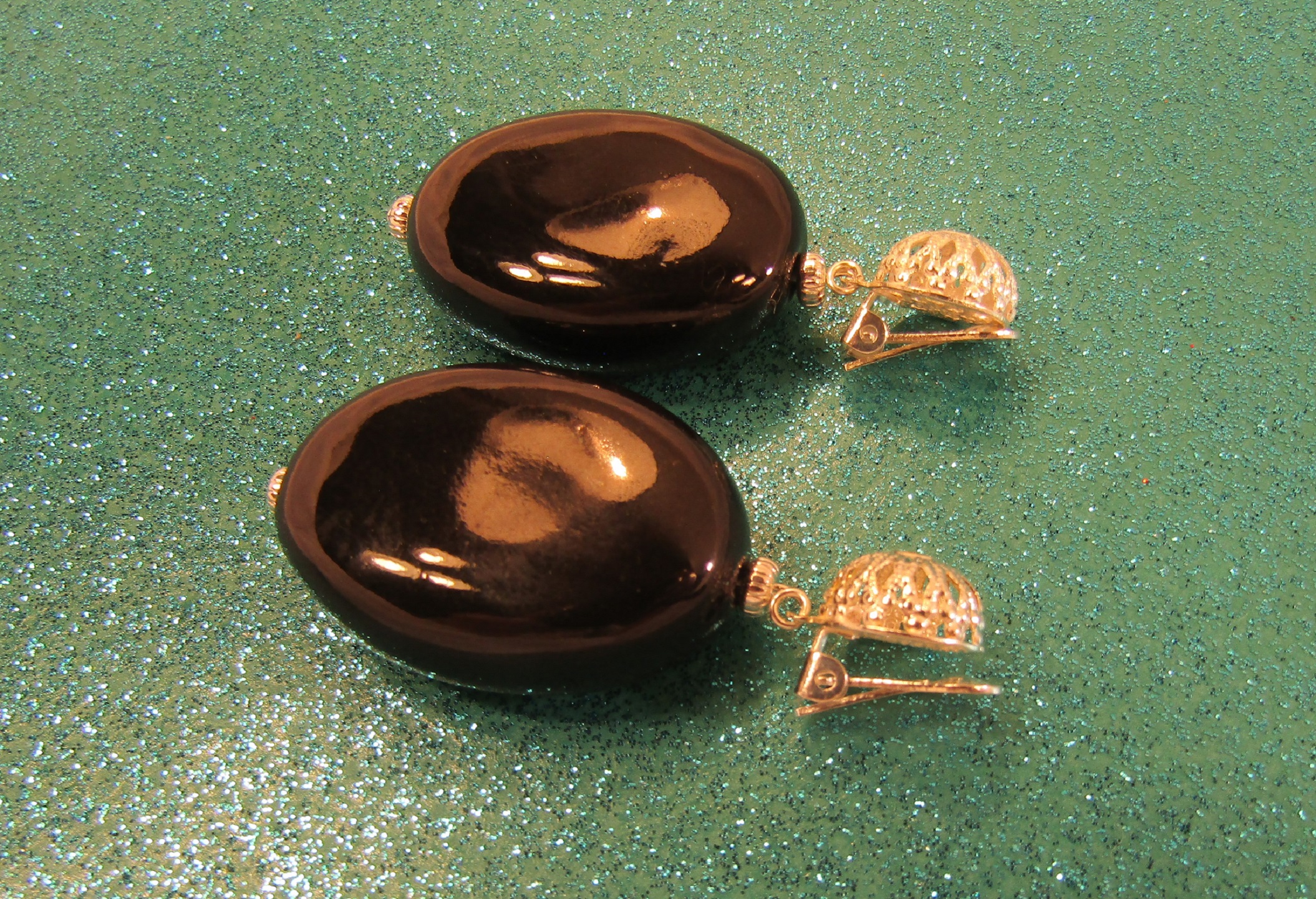 Puffed Black Porcelain silver clip on earrings