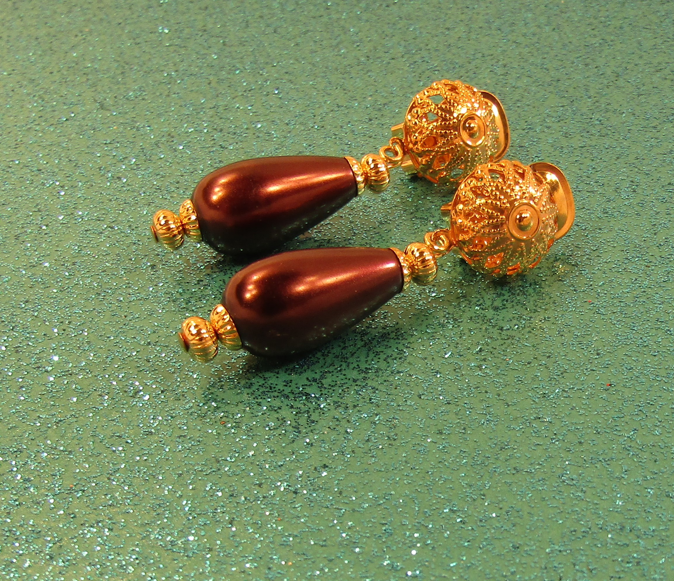 Burgundy Teardrop and Gold Filigree Clip-on Earrings