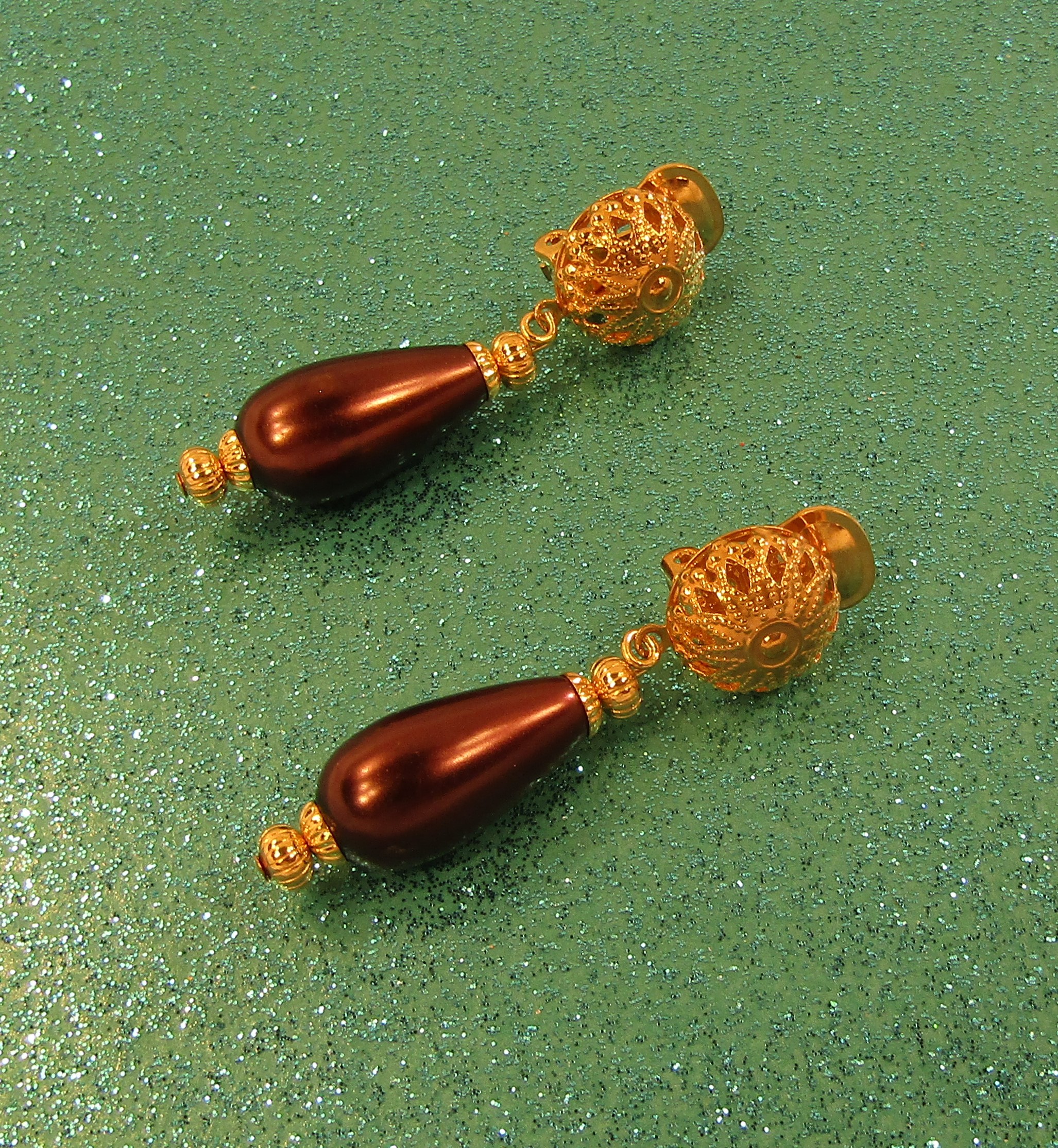 Burgundy Teardrop and Gold Filigree Clip-on Earrings
