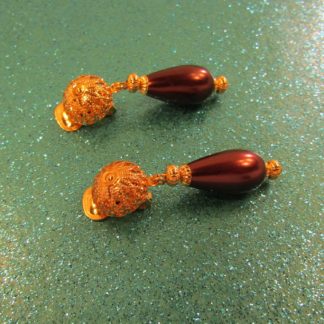 Burgundy Teardrop Gold Filigree Clip-on Earrings