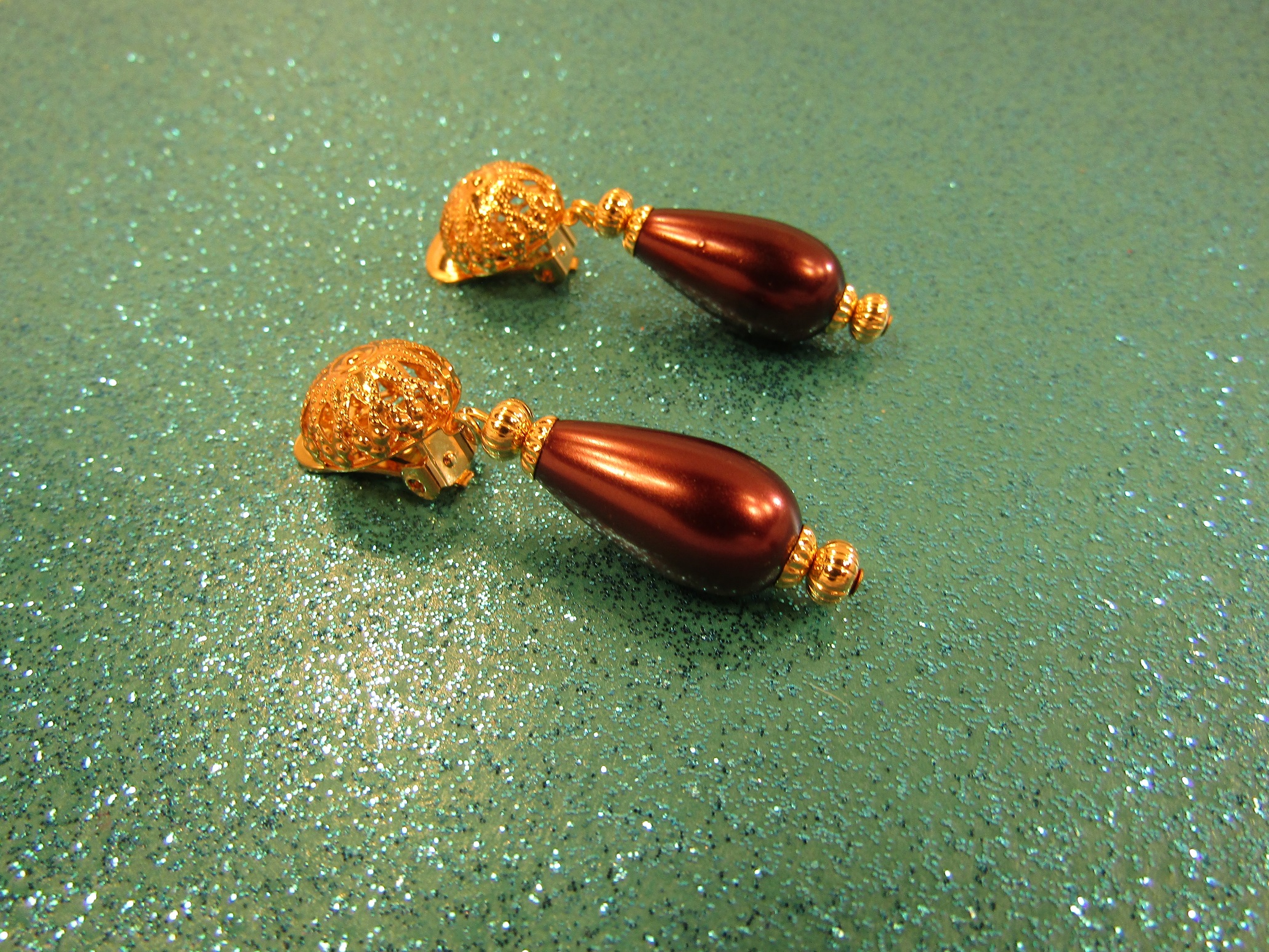 Burgundy Teardrop and Gold Filigree Clip-on Earrings
