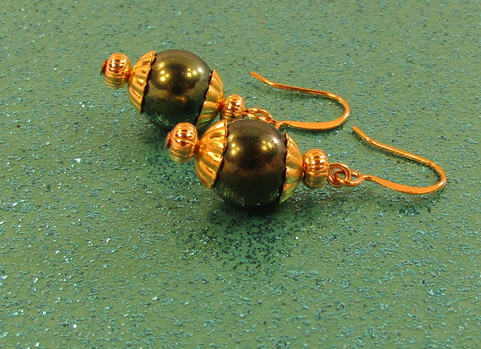 Iris Green Beads and Gold Earrings