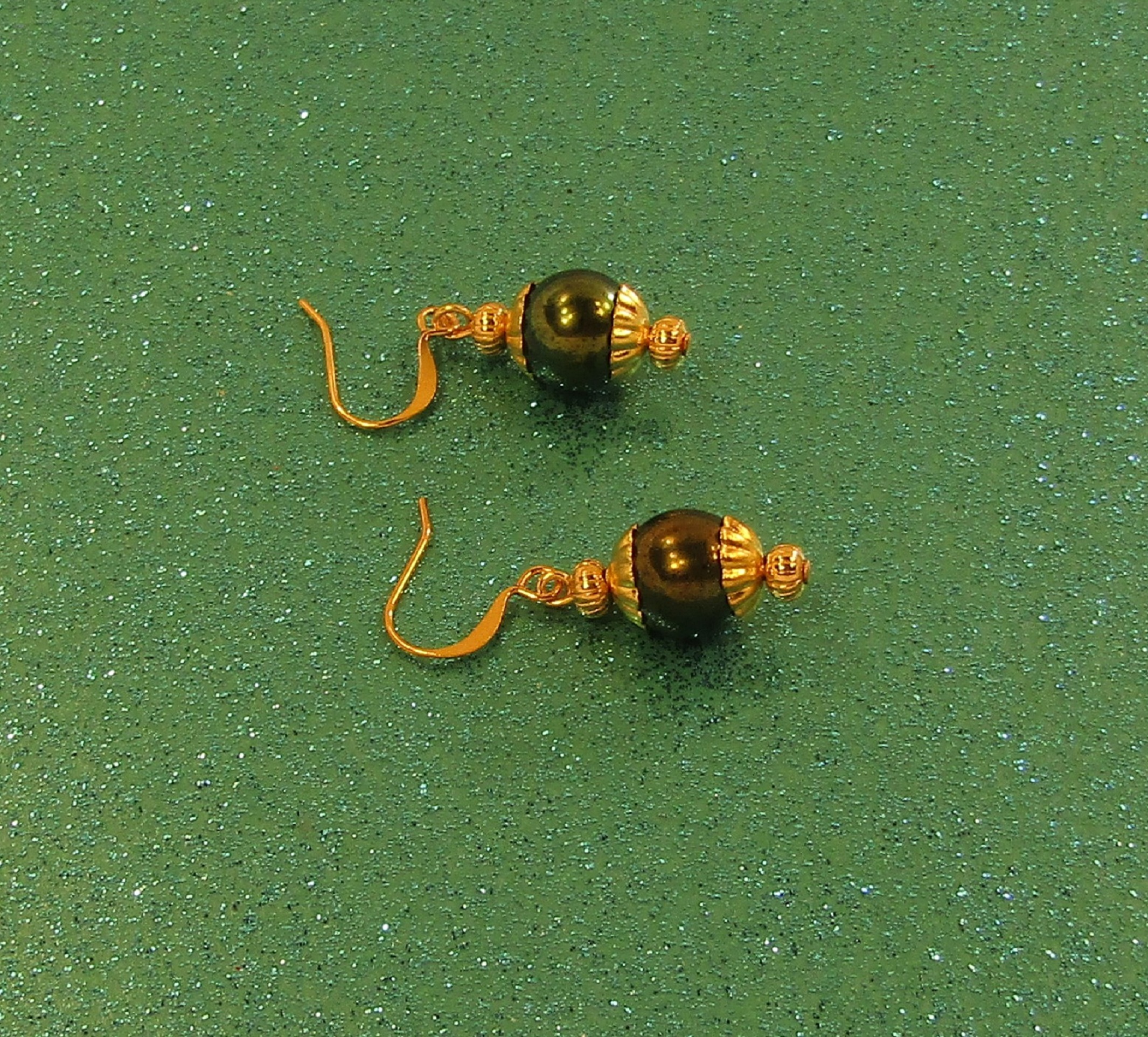 Iris Green Beads and Gold Earrings