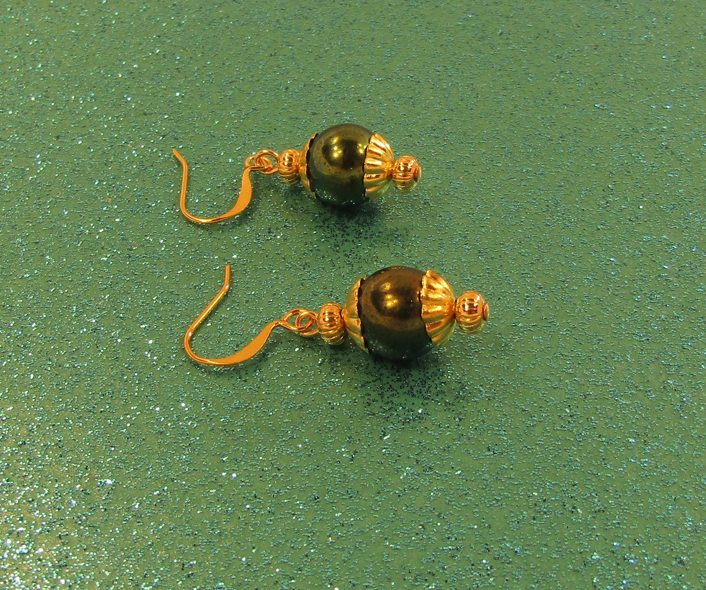 Iris Green Beads and Gold Earrings