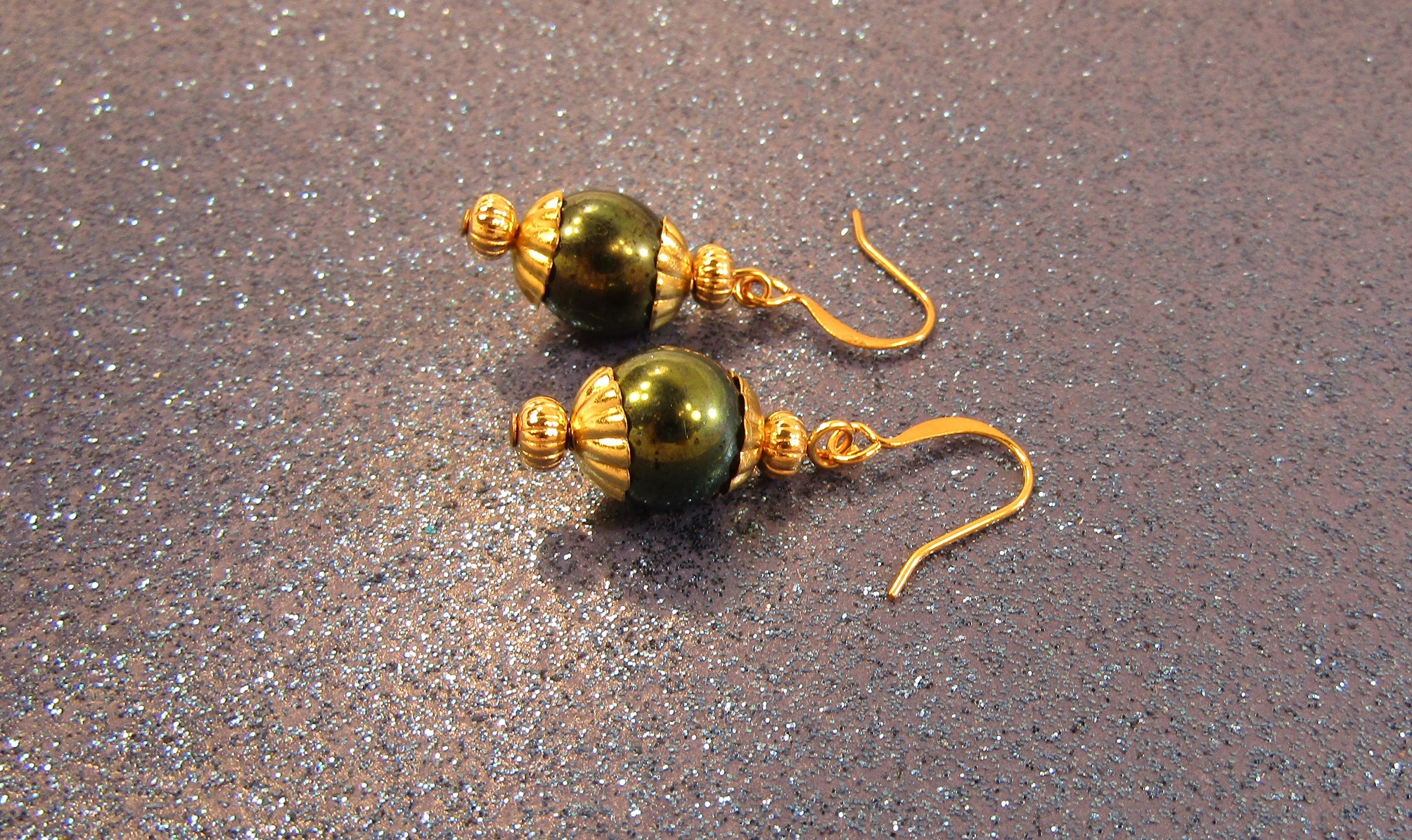 Iris Green Beads and Gold Earrings