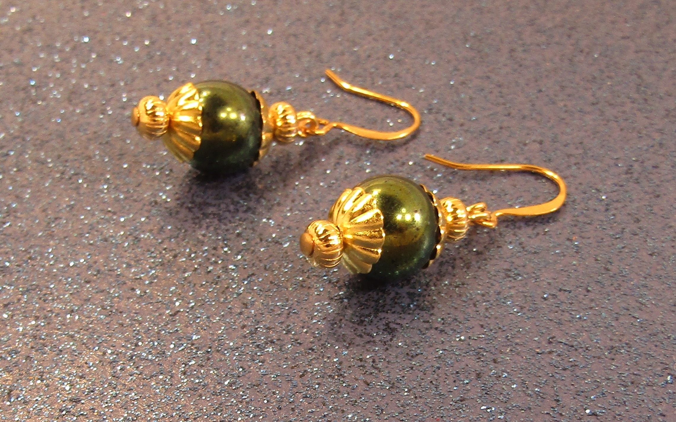 Iris Green Beads and Gold Earrings