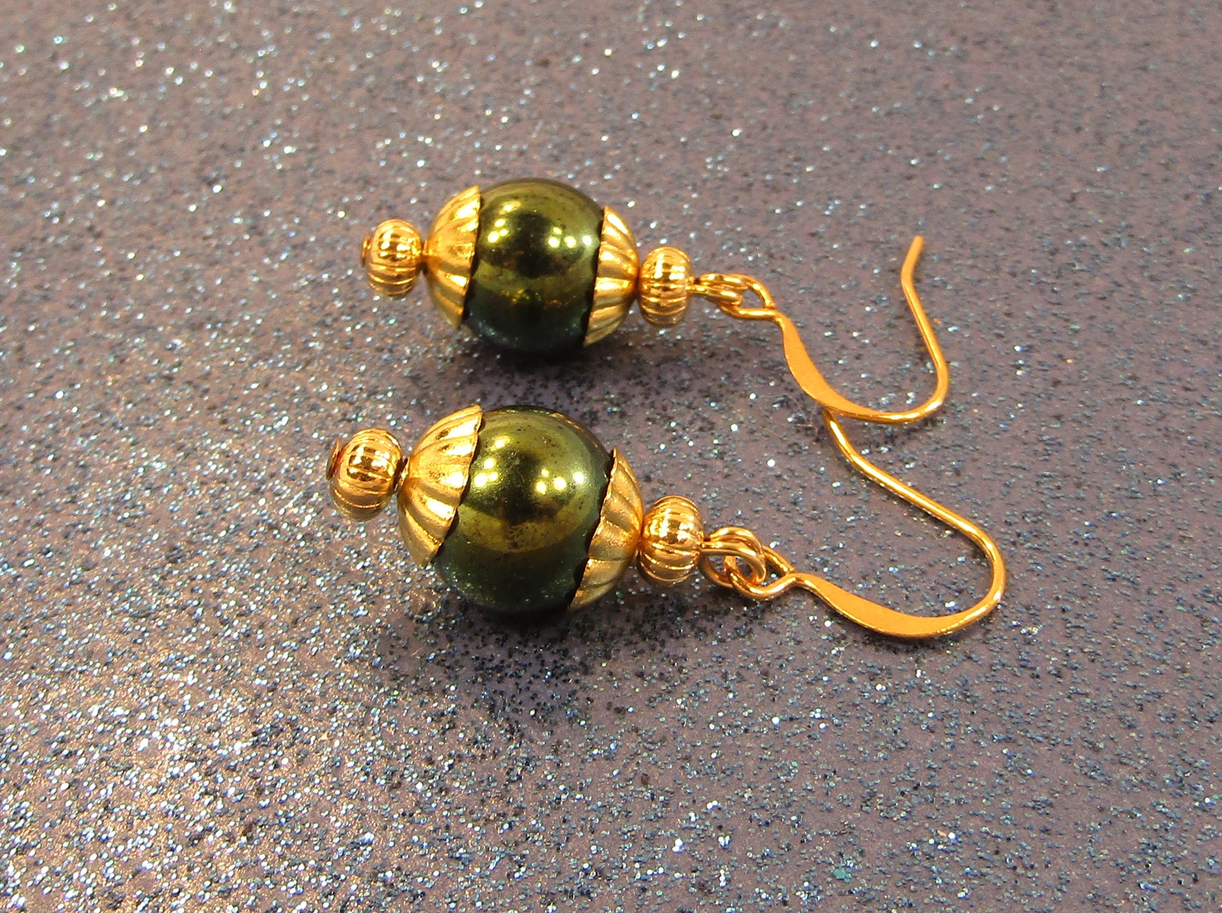 Iris Green Beads and Gold Earrings