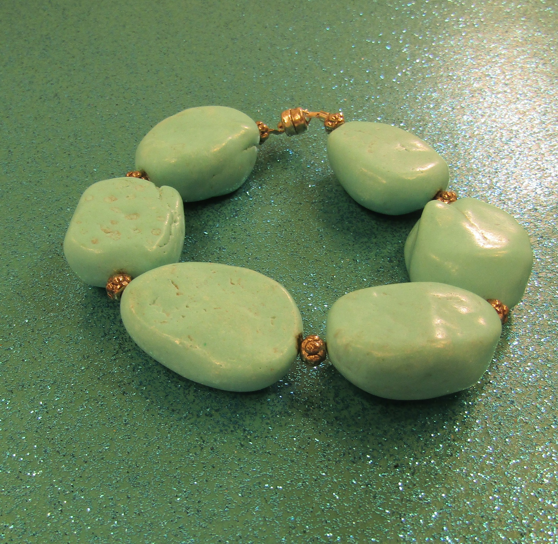 Large Green Blue Turquoise Nugget and silver magnetic clasp Bracelet
